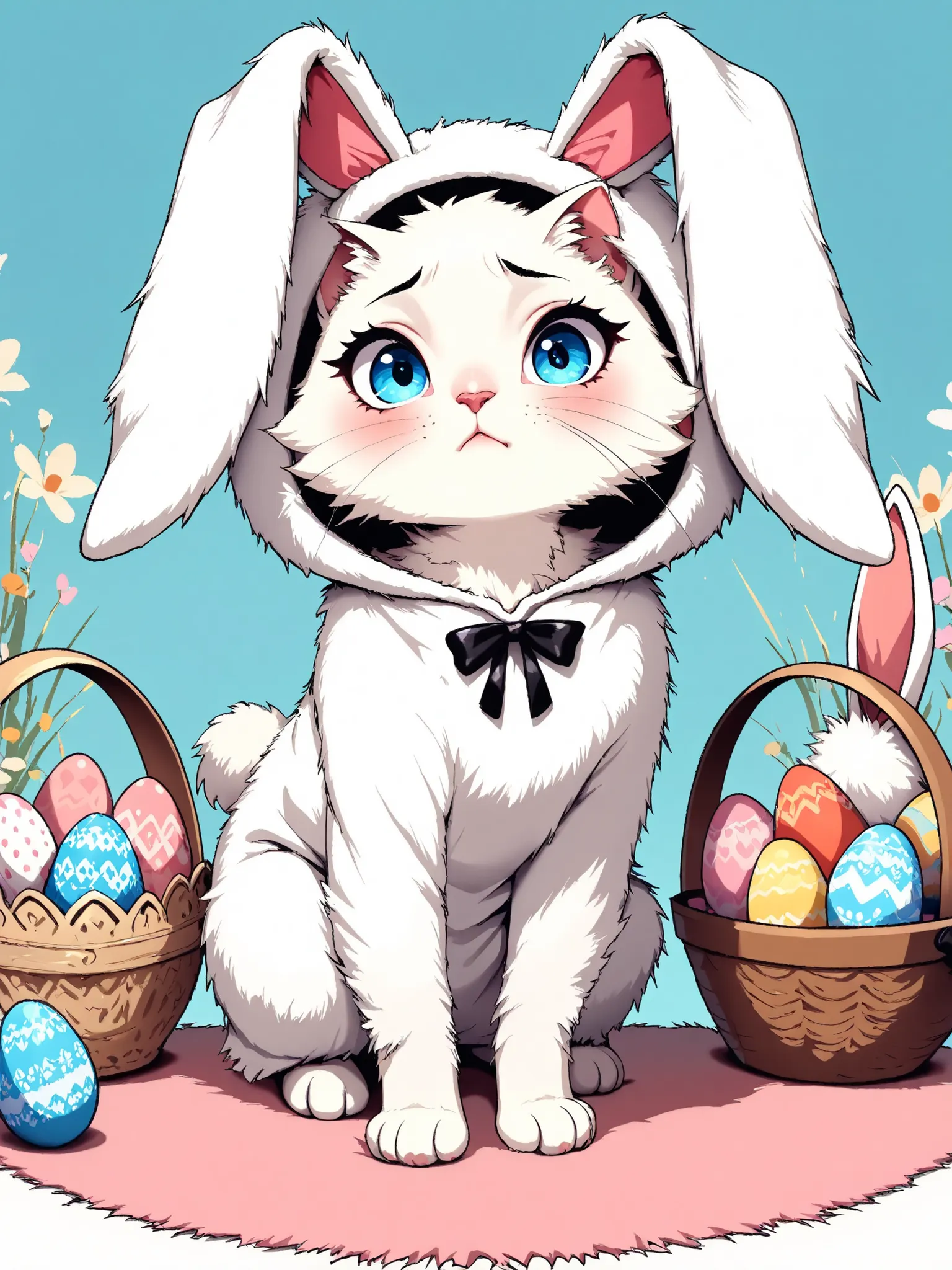 masterpiece, good quality, amazing quality, very aesthetic, anime, highres, absurdres, 16K resolution. | Kitten with fluffy white fur, wearing bunny costume for kitten, ((easter bunny costume):1.3), shy expression, easter egg basket. Miao_Kitten.