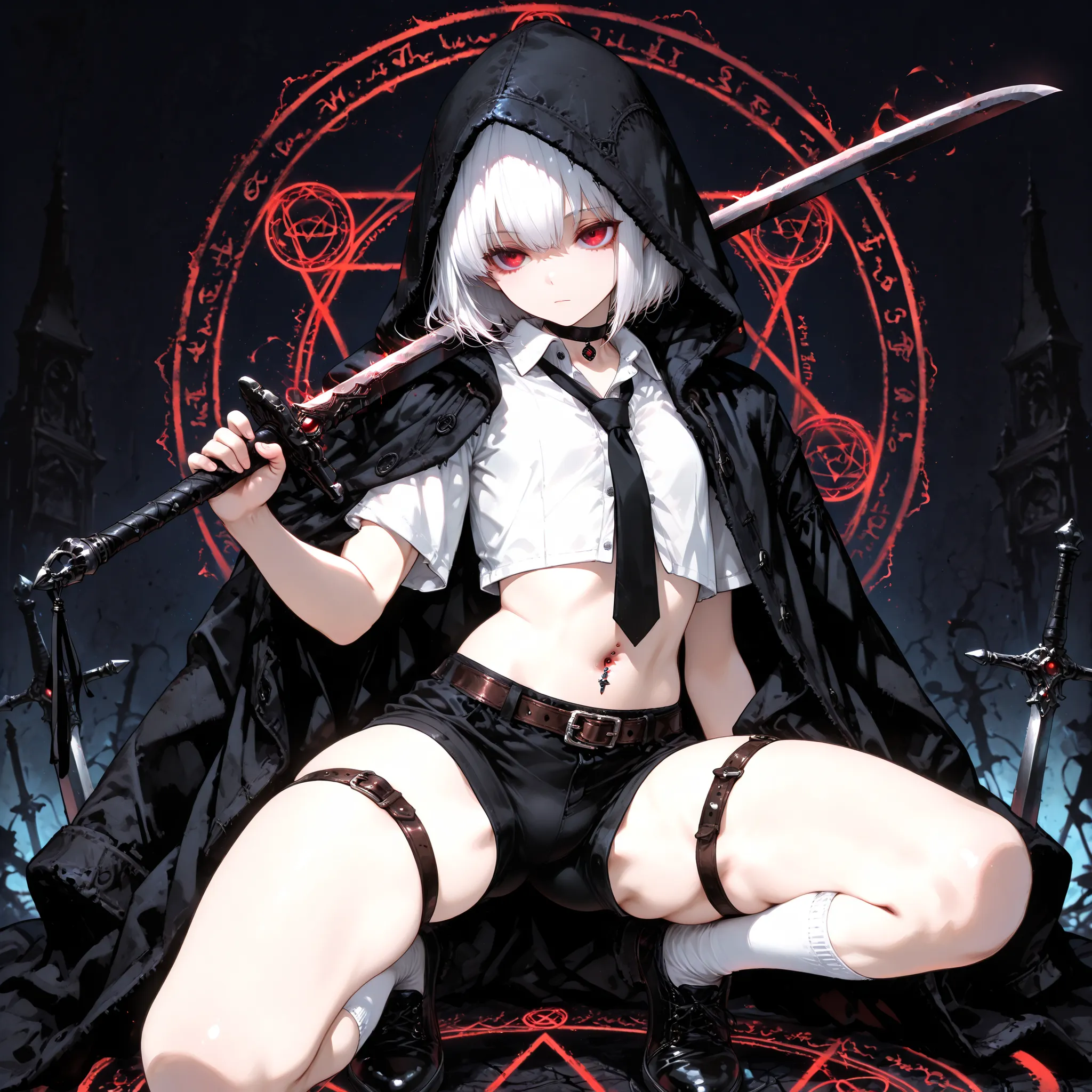 ((best quality)), ((masterpieces)), (detailed), perfect face, SOLO, ((((femboy)))), tomgirl, ANIME, beautiful detailed eyes, BOB hair, BOBed hair, white hair, RED EYES, expressionless, hooded, Magical Eyes, dark background, ((BLACK HOODED coat draped over ...