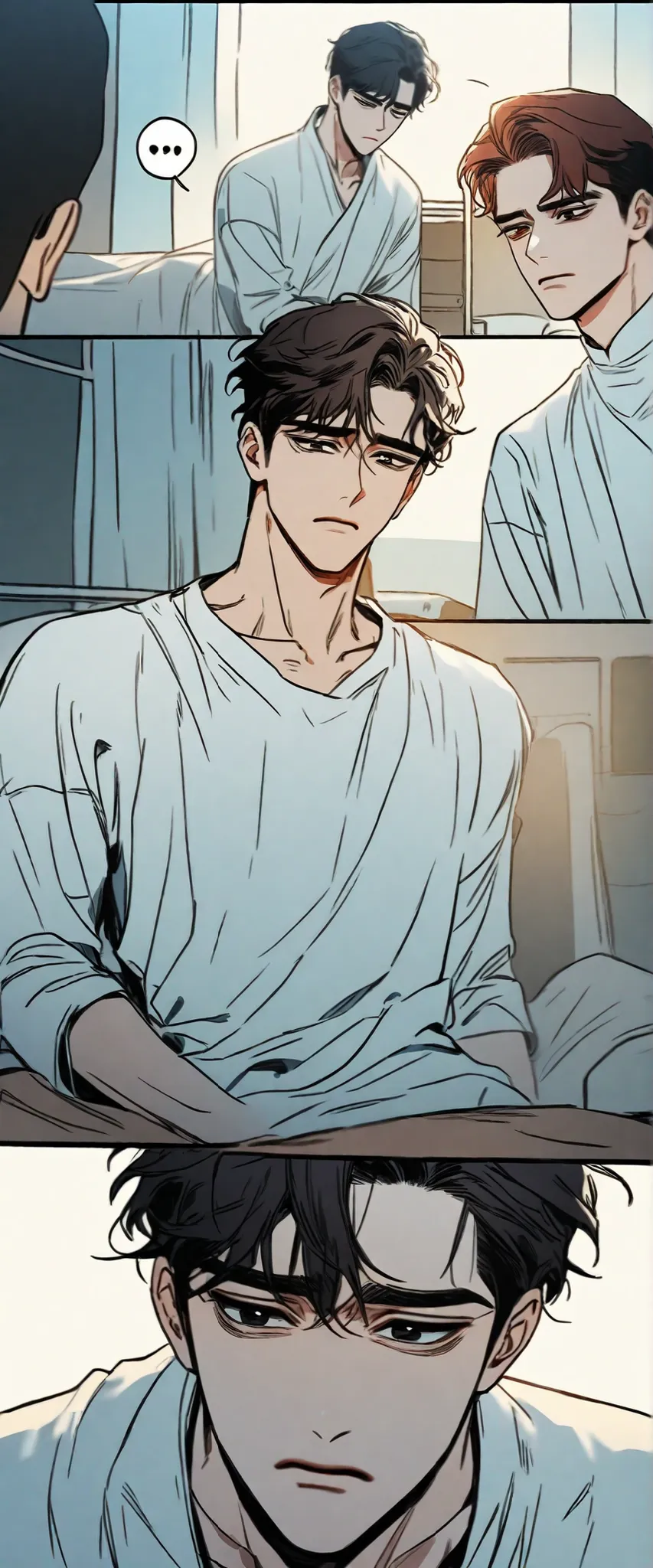 Two boys, Handsome Guy ,Young and handsome,Korean comics,comic style, a redheaded boy ,a dark haired male doctor in a white jumpsuit,manga anime style,illustration,Hospital,Boy sad,Get the vibe