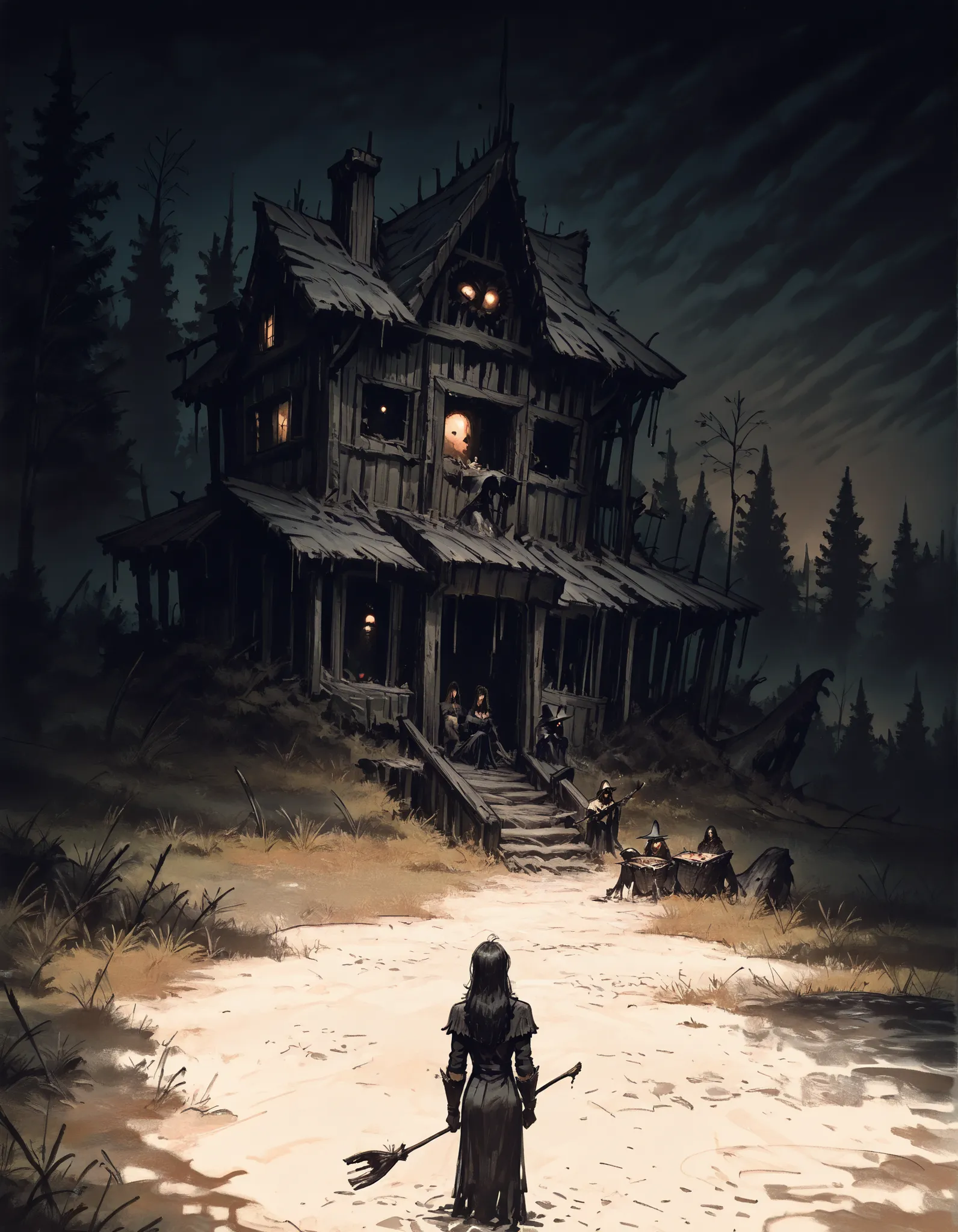 score_9, score_8_up, score_7_up, score_6_up, score_5_up, score_4_up, gr4ph1t3, sketch, (masterpiece), RETRO FANTASY STYLE, ELABORATE SKETCH, dark Witch woman, dirty ((swampy fields)), dark, alone in the dark ((cabin)), dark woods, lone cabin, Witch of a da...