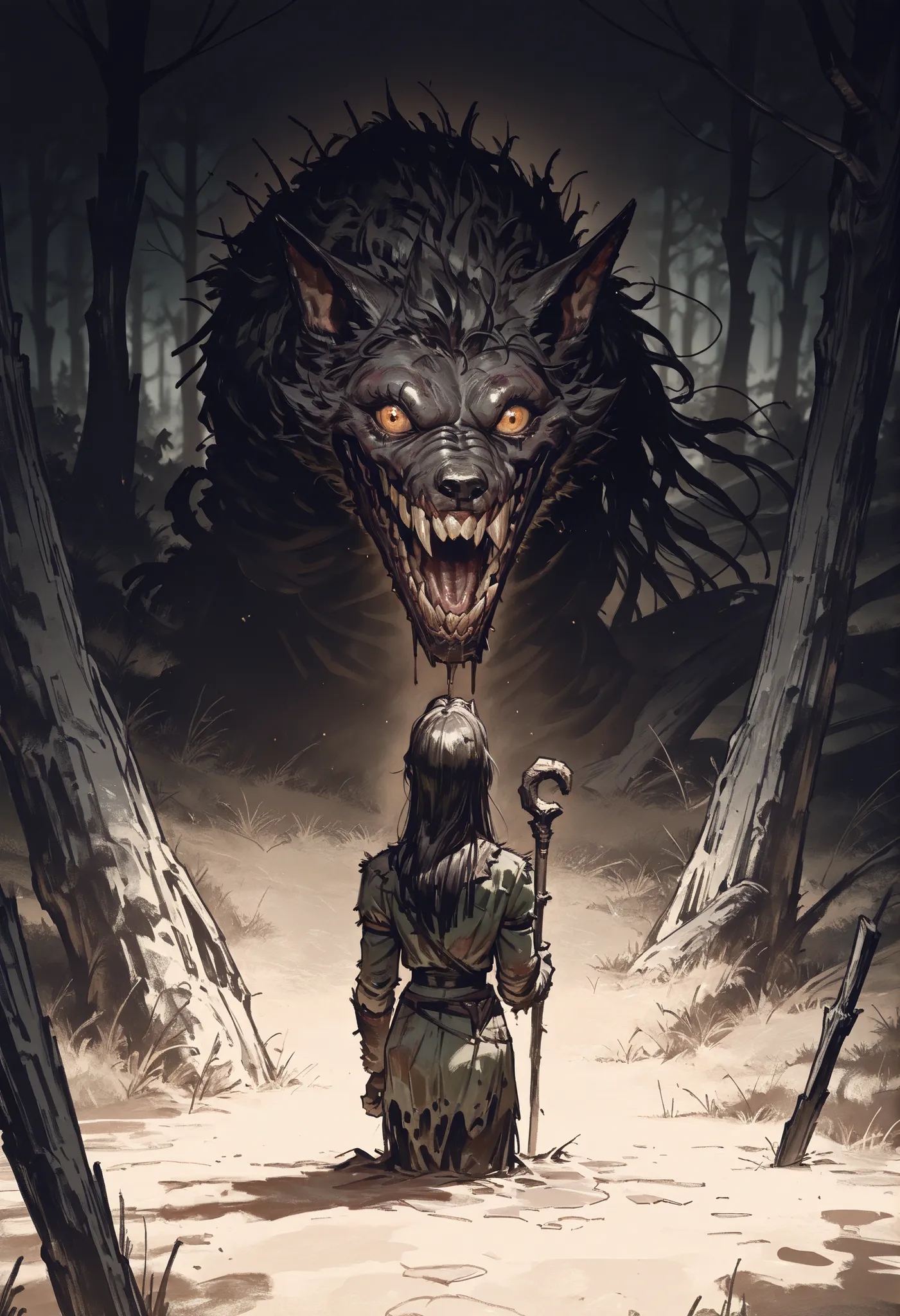 score_9, score_8_up, score_7_up, score_6_up, score_5_up, score_4_up, gr4ph1t3, sketch, (masterpiece), RETRO FANTASY STYLE, ELABORATE SKETCH, dark Witch woman, near small cabin, dirty ((swampy fields)), dark, alone in the dark ((cabin)), dark woods, lone ca...