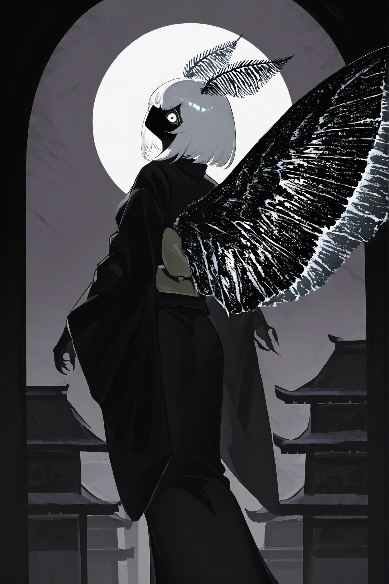  Female moth monster girl. She has black darkest skin. Black sclera, white eyes. She has straight gray metallic hair. She has fluffy moth antennas on her head. She is wearing a black mourning kimono. She has two large jet-black moth wings on her back.
In t...
