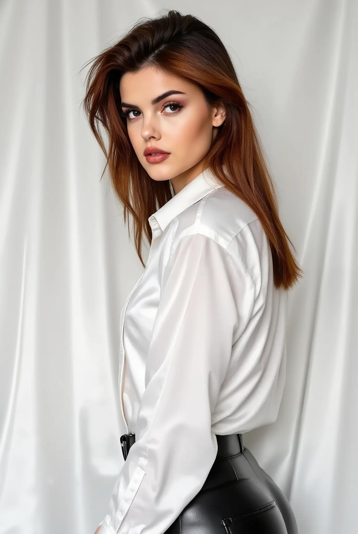 side profile image of Lara Winter, German model with a shiny white satin button down shirt, black leather pants, white studio background
