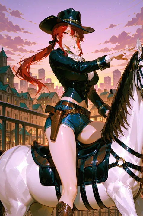 Refined Realistic Style(0.8), Master Level,Extreme Details,Professional Post Processing,Masterpiece,anime style(1.2),best quality,high resolution,8K,Sexy Gunfighter, Long Red Ponytail, Peacemaker, Quick Draw Pose, Fringed Top, Monocle, Short Denim, Flexibl...