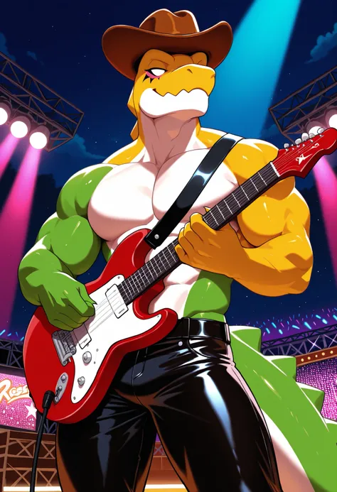 gummig0o, cowboy hat, no pupils, anthro, three-tone skin, perfect anatomy, masterpiece, man, muscular male, solo, detailed background, night, stage, holding electric guitar, show, rockstar, mosh pit, black leather pants, kiss style makeup