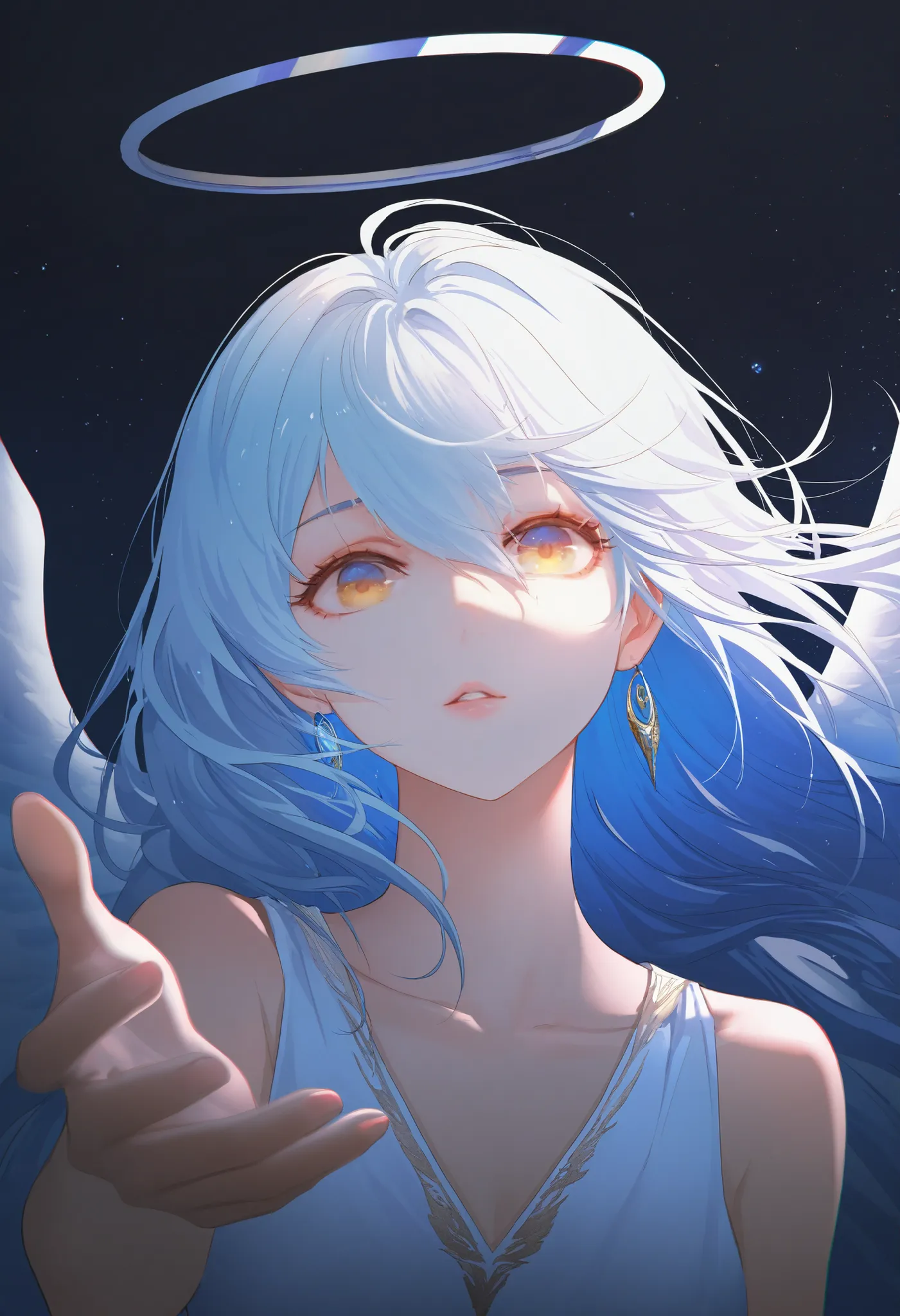 blue, 1girl, cinematic, (portrait), one eyes covered, (massive wings, two_wings), angel, (solo), reaching hand, (v neck dress), white dress, sleeveless, long hair, golden eyes, white hair, messy hair, parted lips, fantasy,masterpiece,best quality,amazing q...