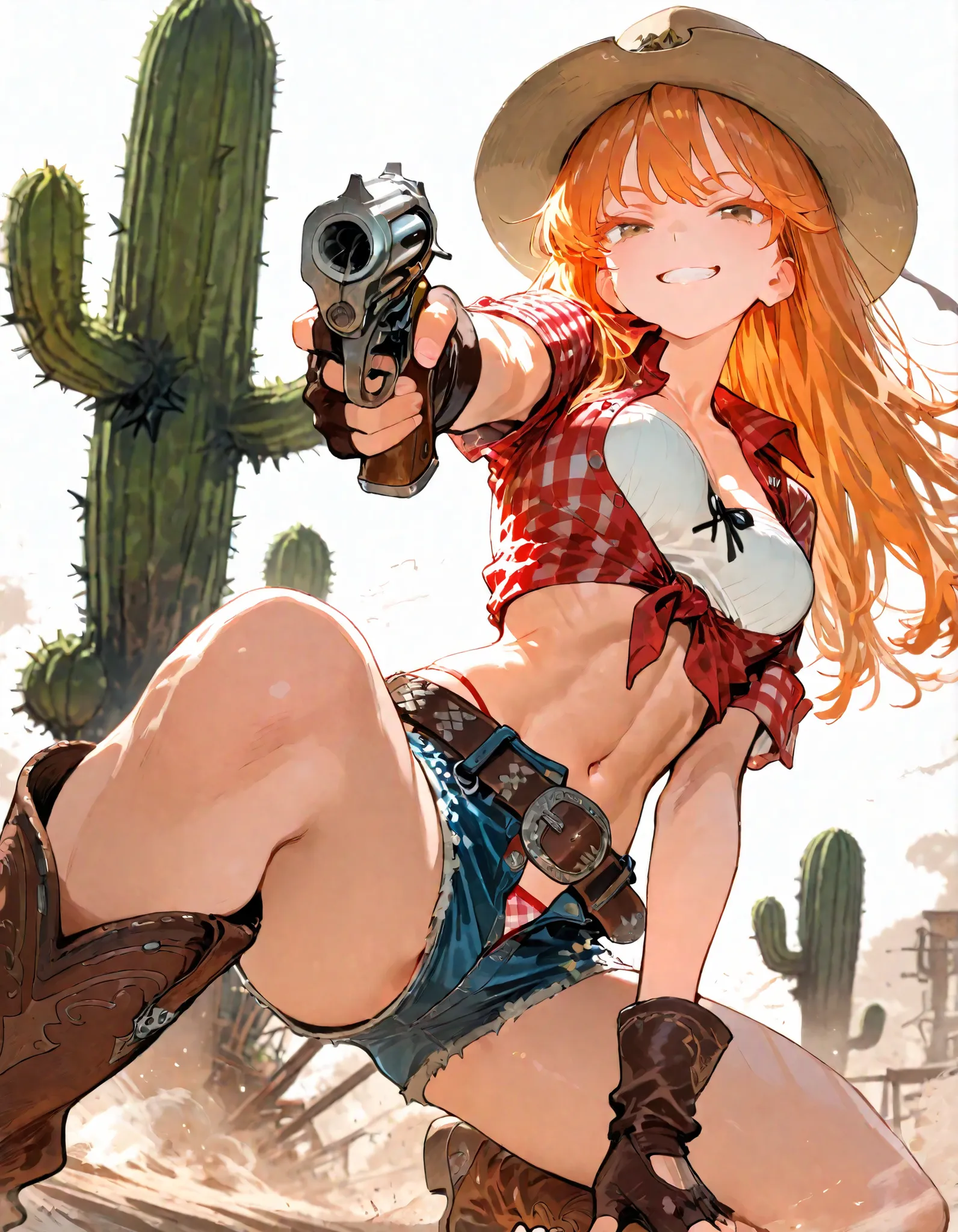 (In 8K, Best Quality, Master Piece:1.2),Ultra High Resolution,1 girl,solo,ultra-detailed face,detailed eyes,brown eyes,superhero landing,holding a revolver,orange hair,grin,looking at viewer,colored_eyelashes,colored eyelashes,long hair,short sleeves red G...