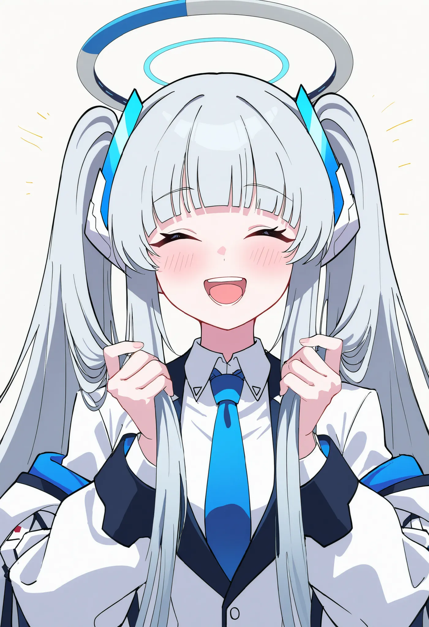 1girl, (blue archive:1.1), 
noa, 
halo, solo, alternate hairstyle, mechanical halo, closed eyes, blue necktie, twintails, shirt, white background, necktie, smile, long hair, simple background, white shirt, jacket, collared shirt, open mouth, long sleeves, ...