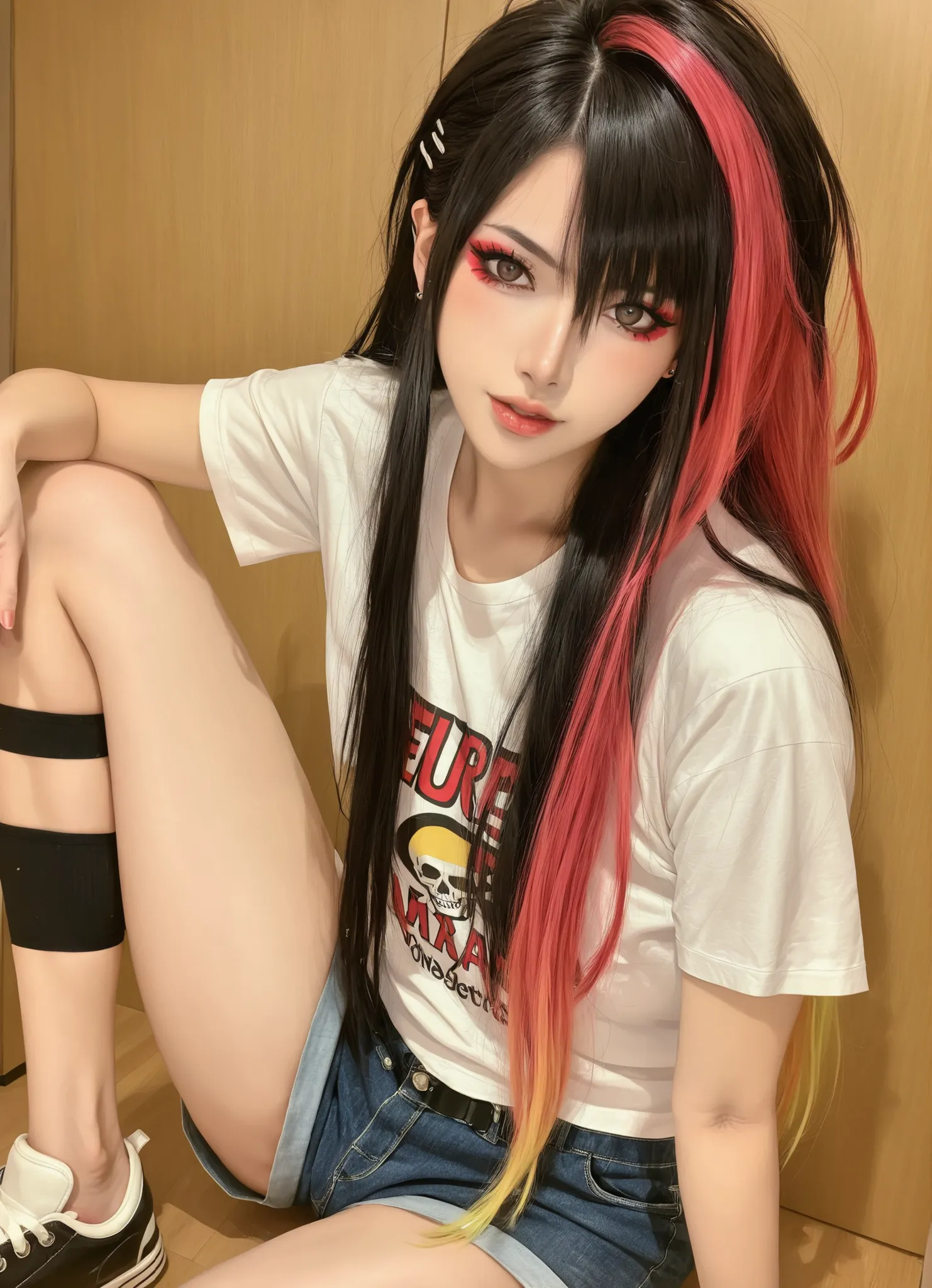  ,mansuji_ningen, , spread , huge ,Cartoon, NSFW, cute art, missing pupils, pupiless, no pupils, punk/nonpunk style, shorts/long hair, multicolor/gradient hair color, girl, solo focus, Masterpiece, perfecto details, perfecto face, detailed eyelashes, roupa...