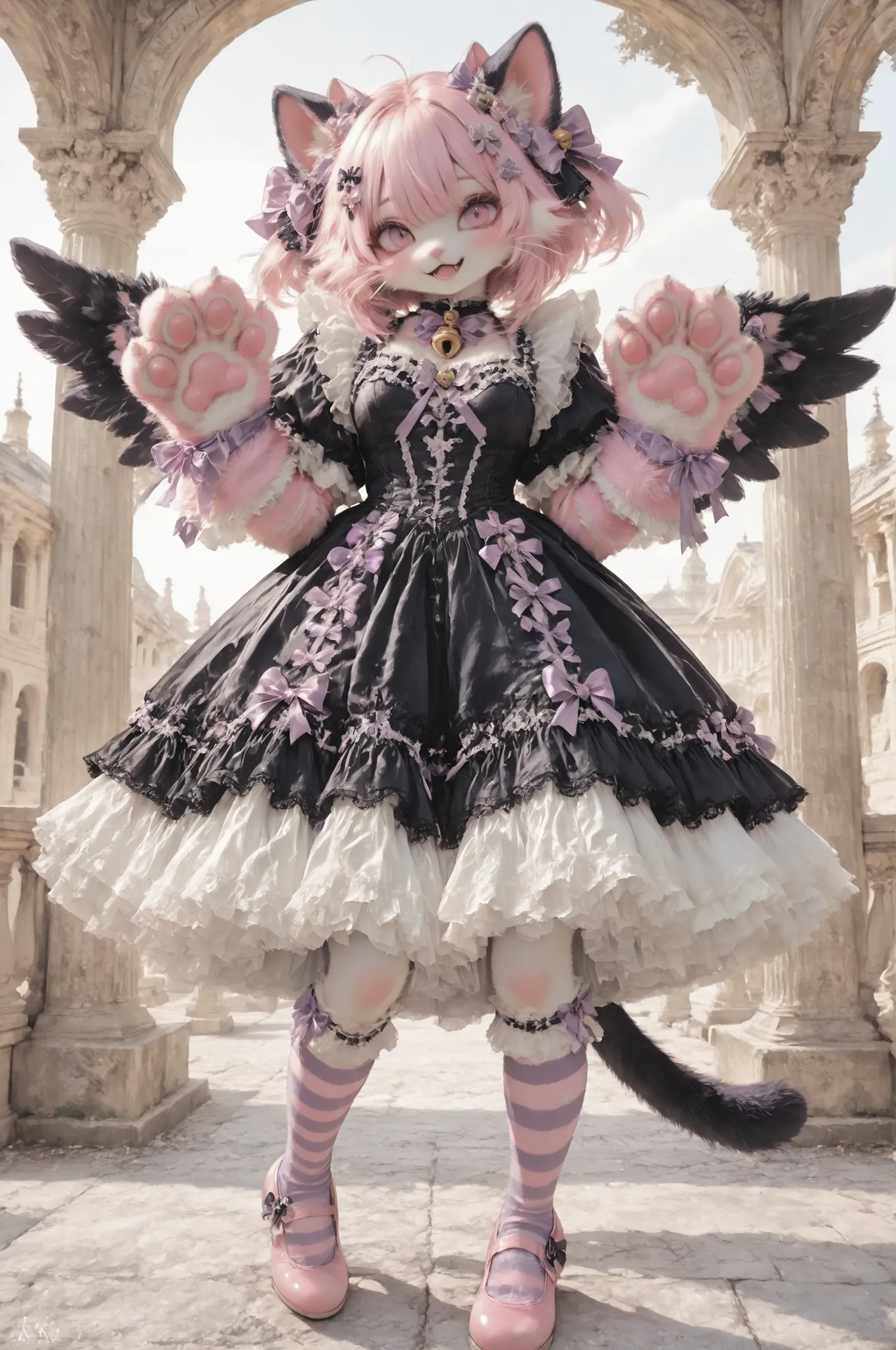 Super cute cat girl  with pink inner ears and purple bow decoration,dark-angel-attire,black angel wings,,furry Suits large expressive anime-style eyes on the costume head, fluffy pink and purple fur gloves with pink paw pads,( elaborate sky black gothic dr...