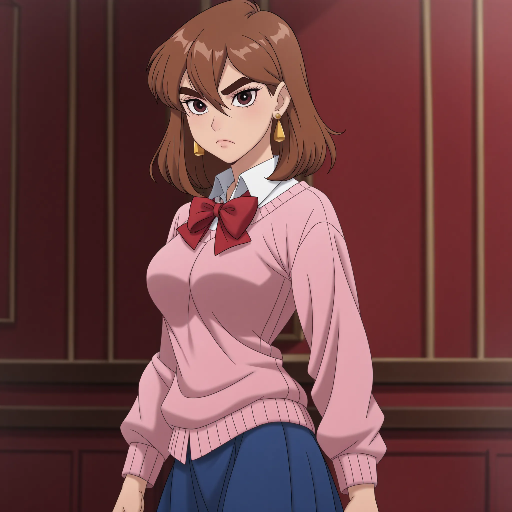 DisneyClassics,disney score_9, score_8_up, score_7_up, anime screencap, source_anime, 1girl, solo,
<lora:Momo_Ayase_Dandadan_V2:.85>, KJOmomo, brown hair, dark eyes, medium hair, hair between eyes, thick eyebrows, earrings, 
white collared shirt, oversized...