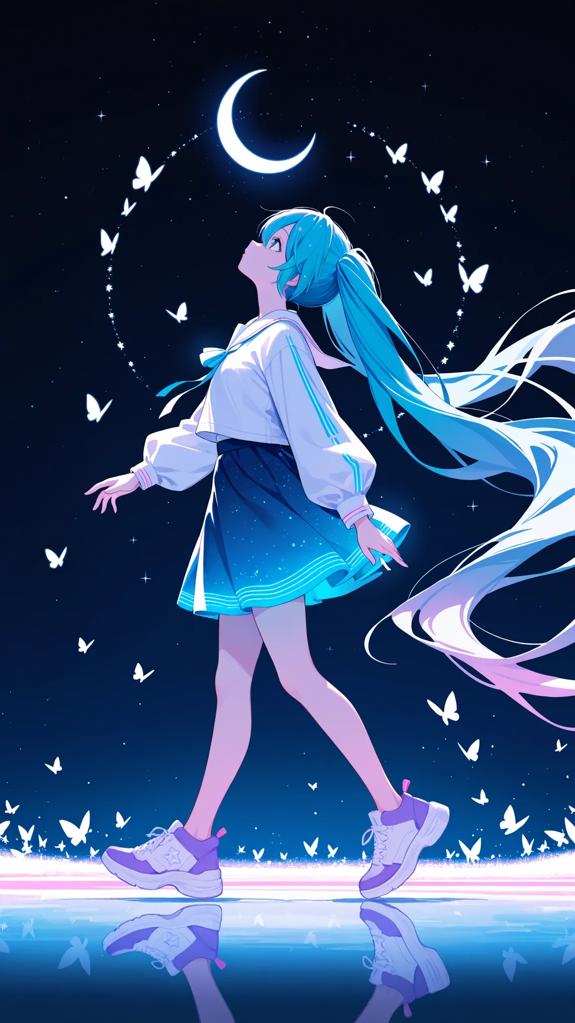 masterpiece, best quality, very awa, highres, absurdres, 1girl, solo, 1girl, solo, hatsune miku, shirt, skirt, long sleeves, white shirt, full body, boots, sky, shoes, sailor collar, star \(symbol\), from side, blue skirt, sparkle, profile, night, white fo...