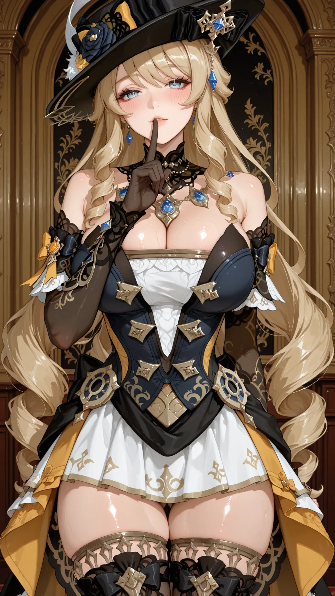 score_9,score_8_up,score_7_up,1 Female, solo, vision_\(genshin_impact\),absurdres, highres, Navia_\(genshin_impact\),Standing position,(One Hand shushing gesture),(In Royal Room),Torogao,blush,Shiny Skin,Slim body,Dress,white skirt,Big oppai,UHD, masterpie...