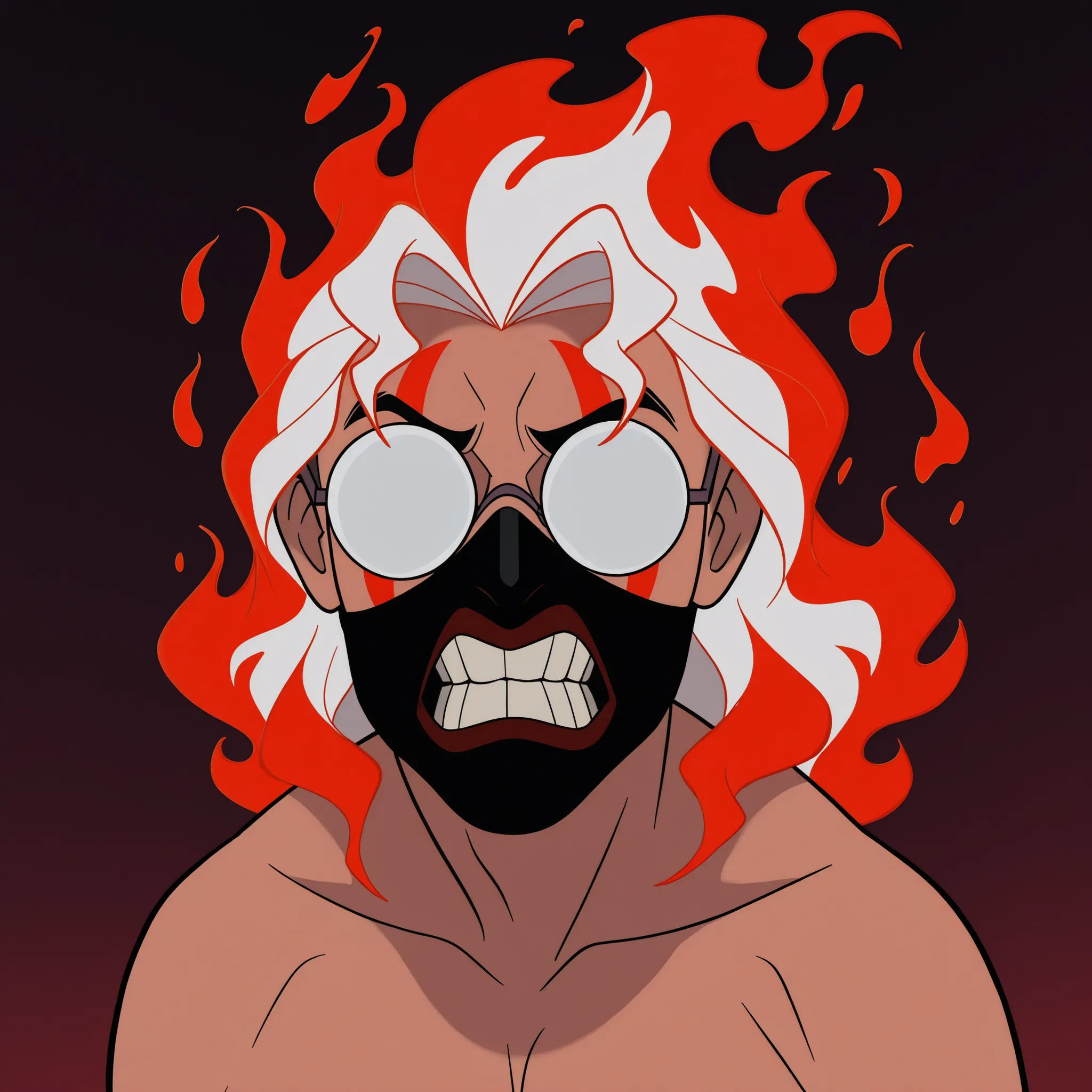 DisneyClassics,disney ken takakura, transformation, white hair, red hair, fiery hair, multicolored hair, round eyewear, red eyes, facial mark jaw mask, teeth opaque glasses, no eyes