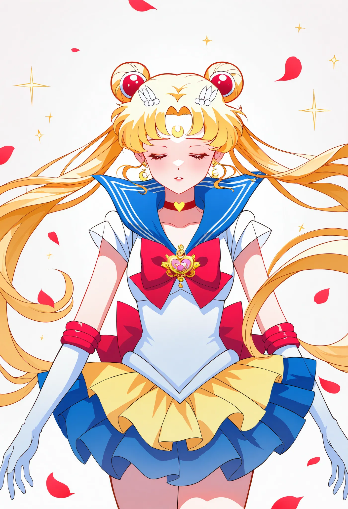 a character with long, flowing hair adorned with red and white accessories. the character is wearing a blue and white dress with a prominent red bow. the background is filled with a blend of soft colors, and there are sparkles and petals floating around th...