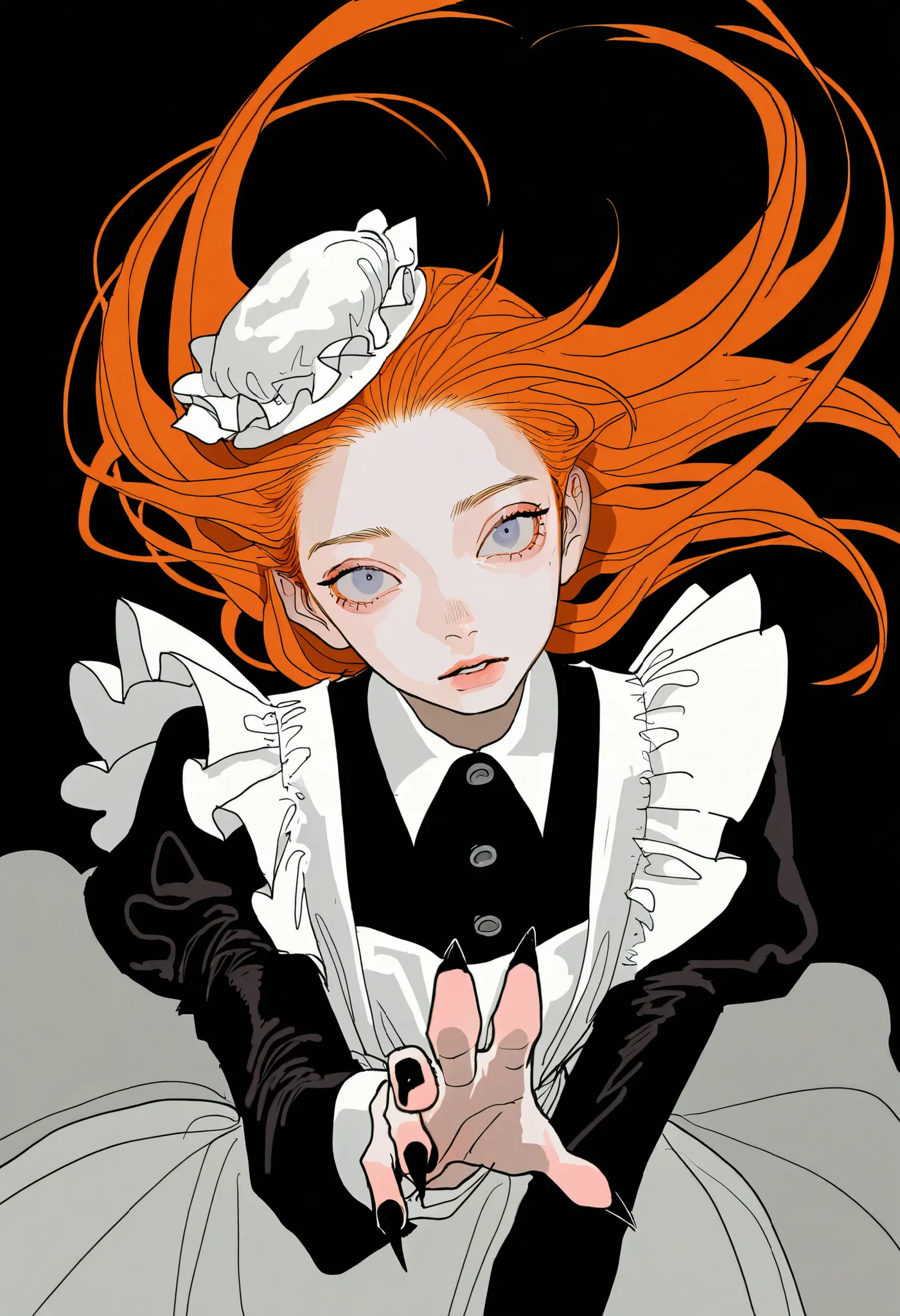 1girl, upper body, detailed eyes, beautiful face, hand, maid, contrapposto, dynamic, looking at viewer, head tilt, (leaning forward:1.2), realistic, black background, white clothes, floating clothes, floating dress, flowing hair, long hair, straight-on, or...