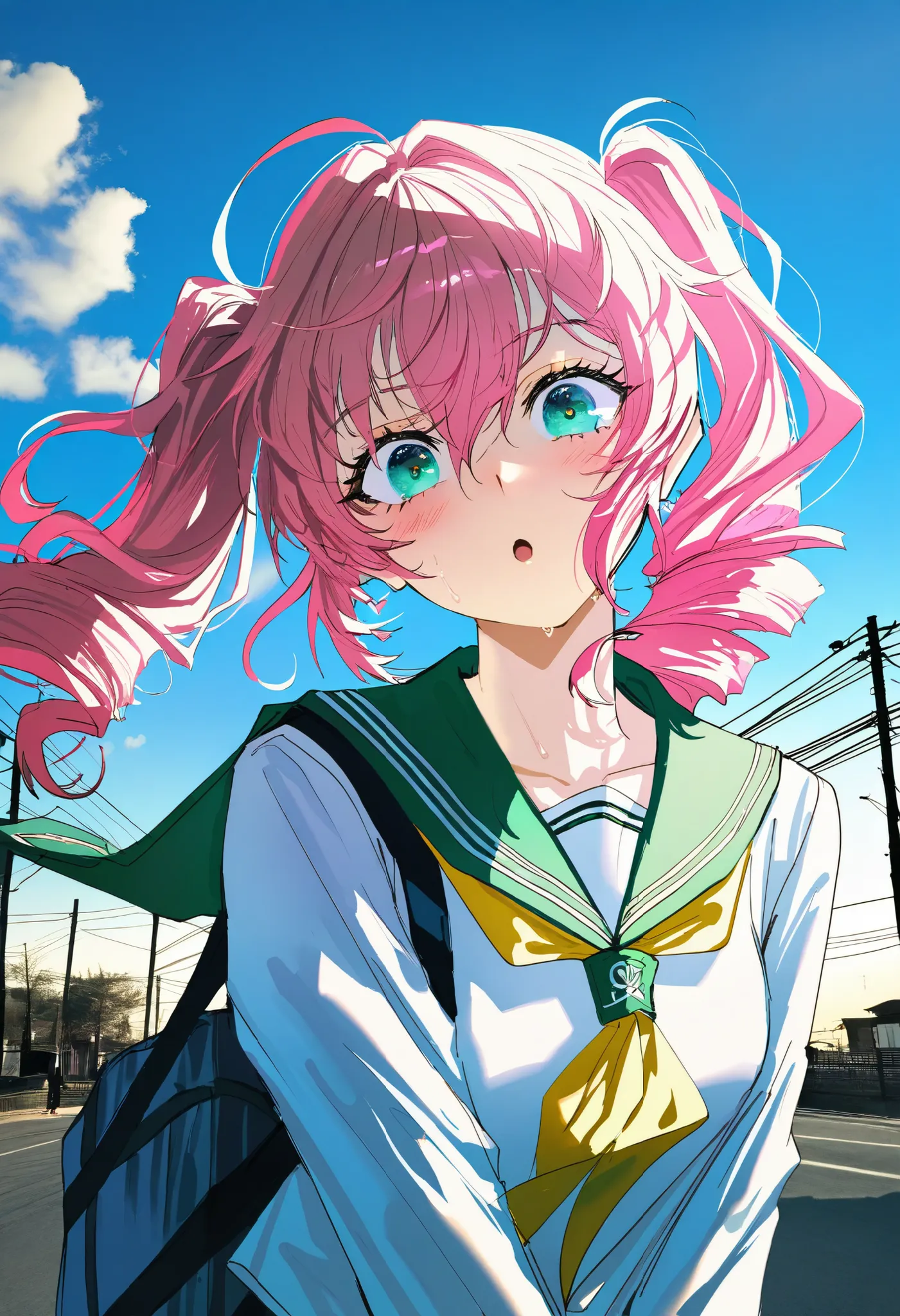 quasarcake,kaede \(sayappa\),(sincos:0.2),konya_karasue,photo background,realistic background,wind,(cinematic lighting),(bokeh),1girl,solo,long hair,looking at viewer,blush,open mouth,shirt,long sleeves,twintails,school uniform,green eyes,white shirt,upper...