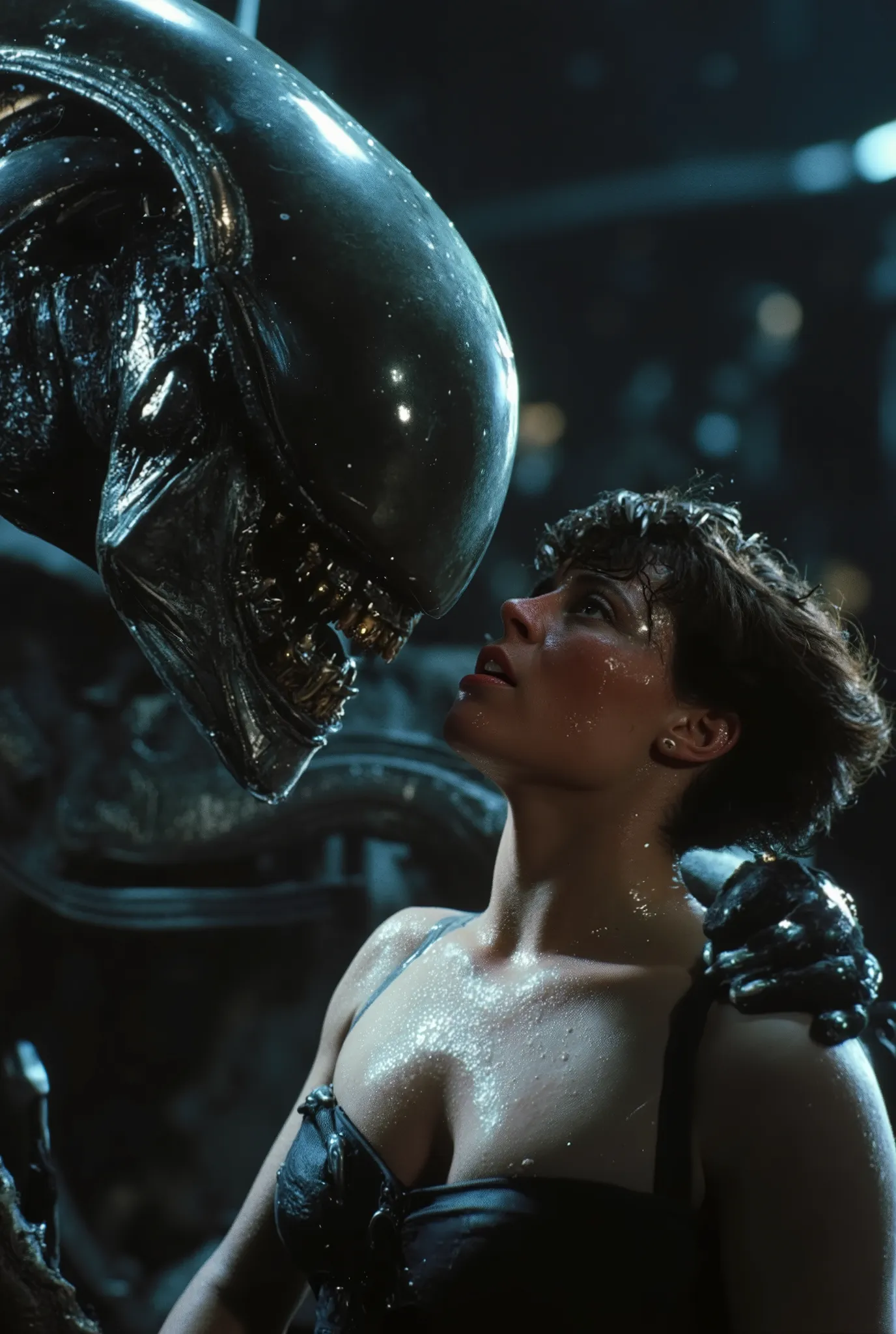 a massive xenomorph dick fuck unconscious Ellen Ripley pussy hard, Ellen Ripley is gunge all over her body and cum on her face