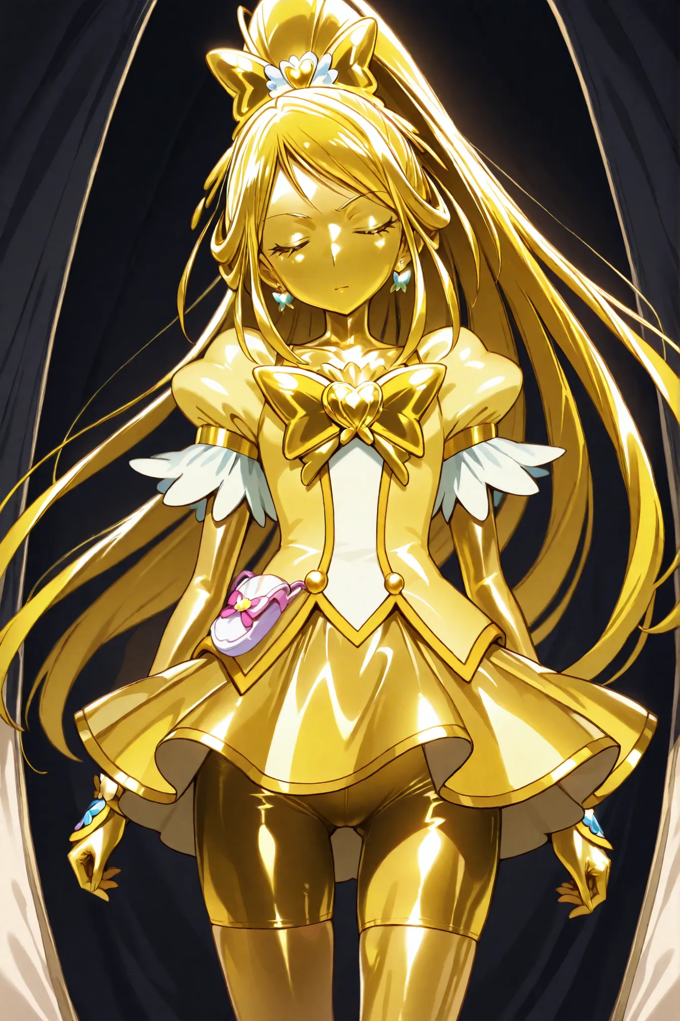 Cure Aqua, masterpiece, best quality, Newest, very high definition, closed eyes, yellow hair,  yellow sclera, closed mouth, No students, Yellow skin, shiny skin,  metal skin, Black eyebrows, 1girl, solo, cowboy shot with white thong, standing, dynamic, wat...