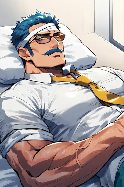 A middle-aged mafia boss man, he is hospitalized patient, Detailed face, Captivating look, moustache, Masculine face, Muscular body, Prominent veins, wearing white shirt and yellow tie and dark bule pants, blue hair, aqua color eyes, sunglass, alone, lying...