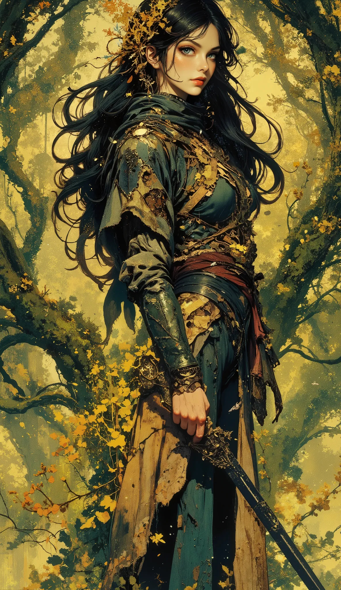 Against the background of dark green forests and twisted poisonous vines, a tall Gothic valkyrie stands in eerie immobility, embodying gloomy beauty and inexorable entropy. The frontal composition captures her from head to waist, wrapped in cinematic shado...