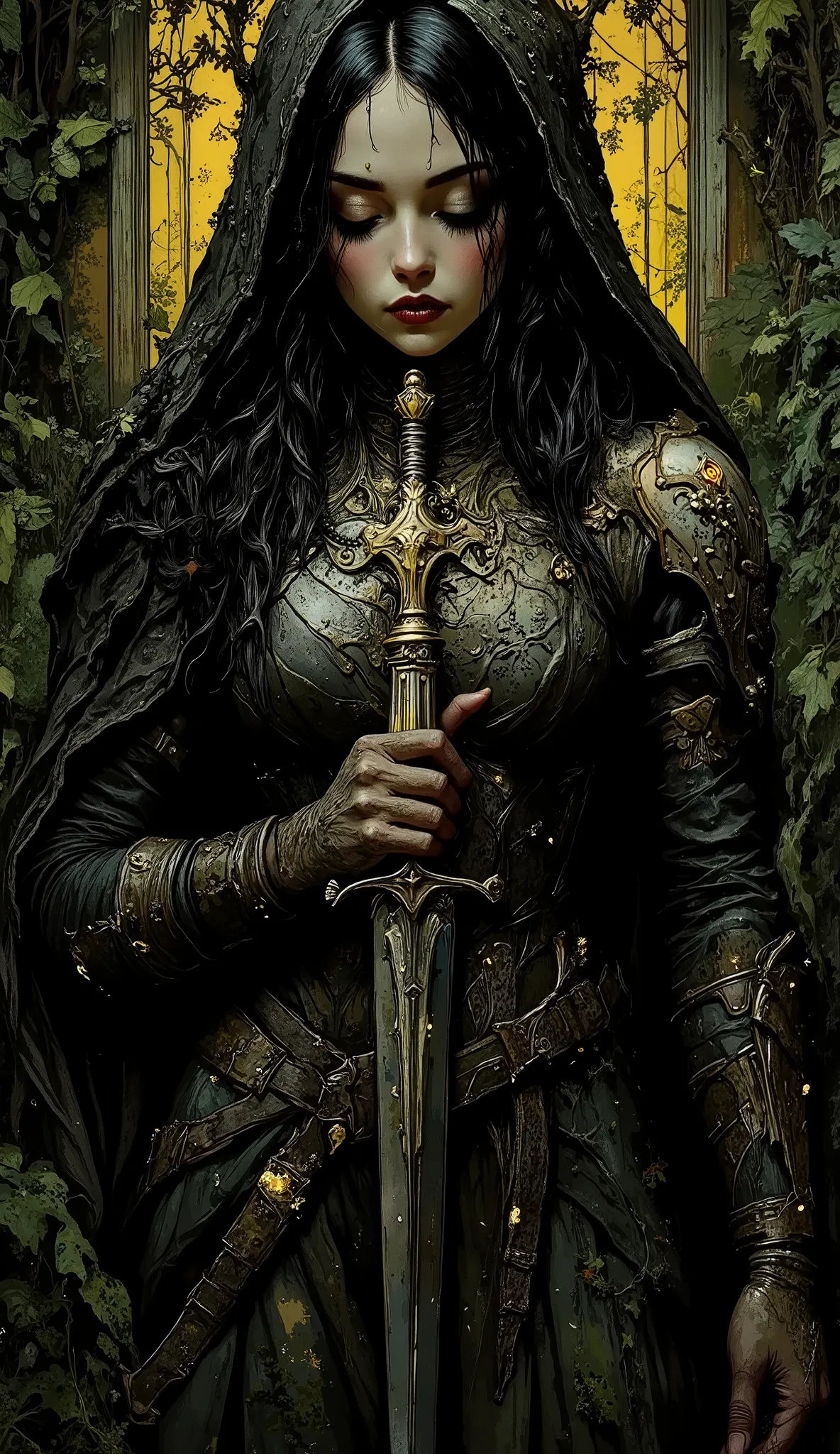 Against the background of dark green forests and twisted poisonous vines, a tall Gothic valkyrie stands in eerie immobility, embodying gloomy beauty and inexorable entropy. The frontal composition captures her from head to waist, wrapped in cinematic shado...