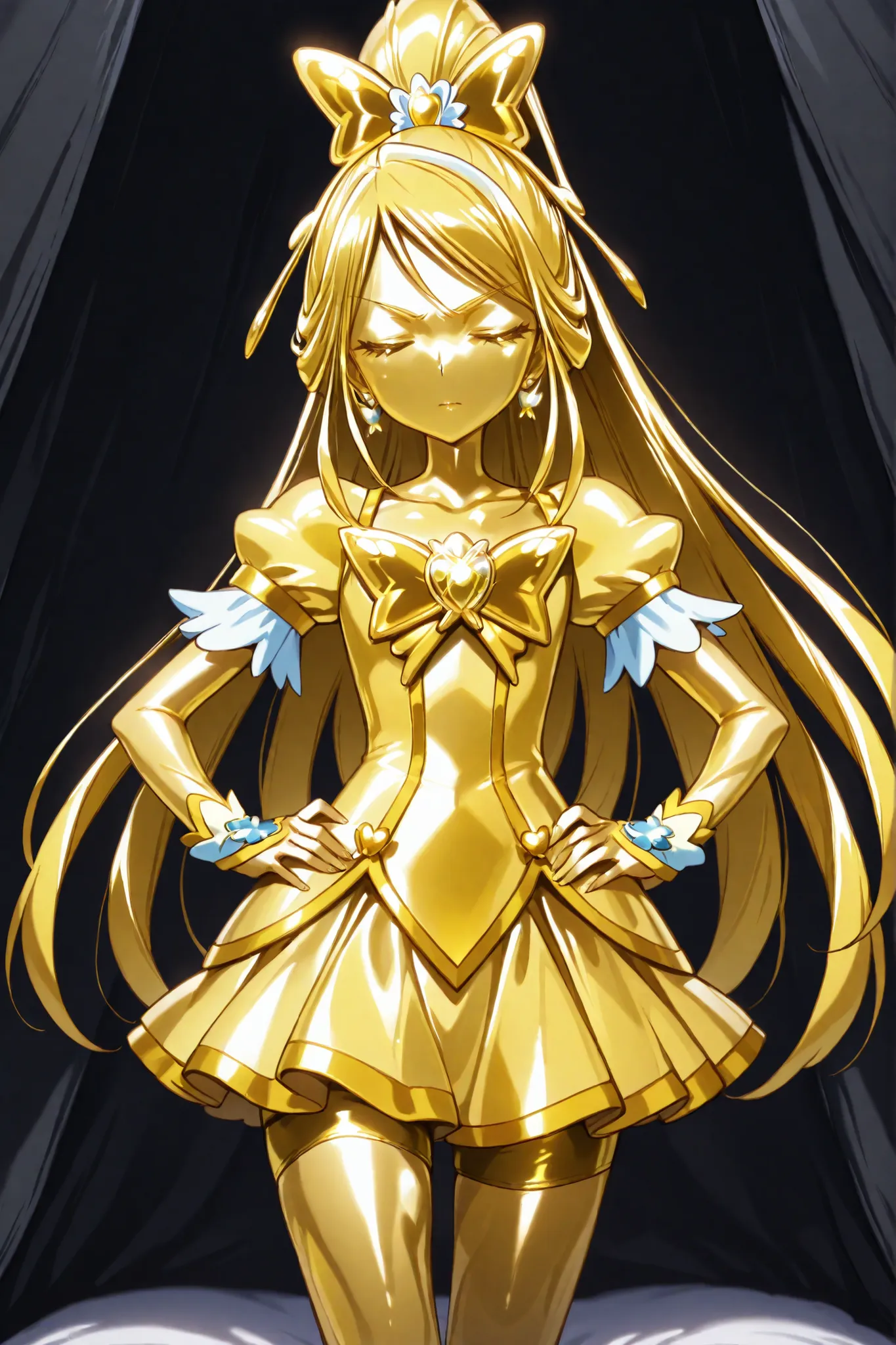 Cure Aqua, masterpiece, best quality, Newest, very high definition, closed eyes, yellow hair,  yellow sclera, closed mouth, No students, Yellow skin, shiny skin,  metal skin, Black eyebrows, 1girl, solo, cowboy shot with white thong, standing, dynamic, wat...