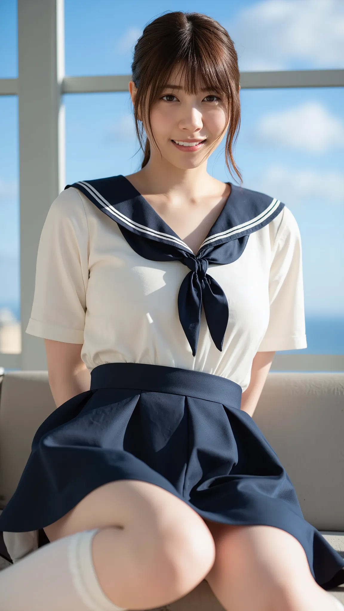 nsfw, (8k, Realistic, RAW photo, best quality:1.4), (extremely detailed:1.2), perfect anatomy, (Shooting from directly below:1.3), (View from the feet:1.3), (Looking at the camera:1.3), beautiful Japanese woman named nanase, Facial beauty, (Realistic Faces...