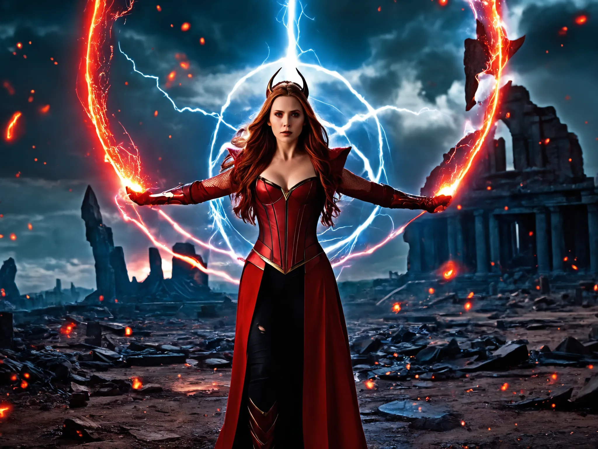 An ultra-realistic 8K portrait of Scarlet Witch, resembling Elizabeth Olsen from the Marvel Cinematic Universe, standing powerfully in a chaotic, cinematic multiverse setting. She wears a crimson and black hex-woven sorceress outfit with a finely detailed ...