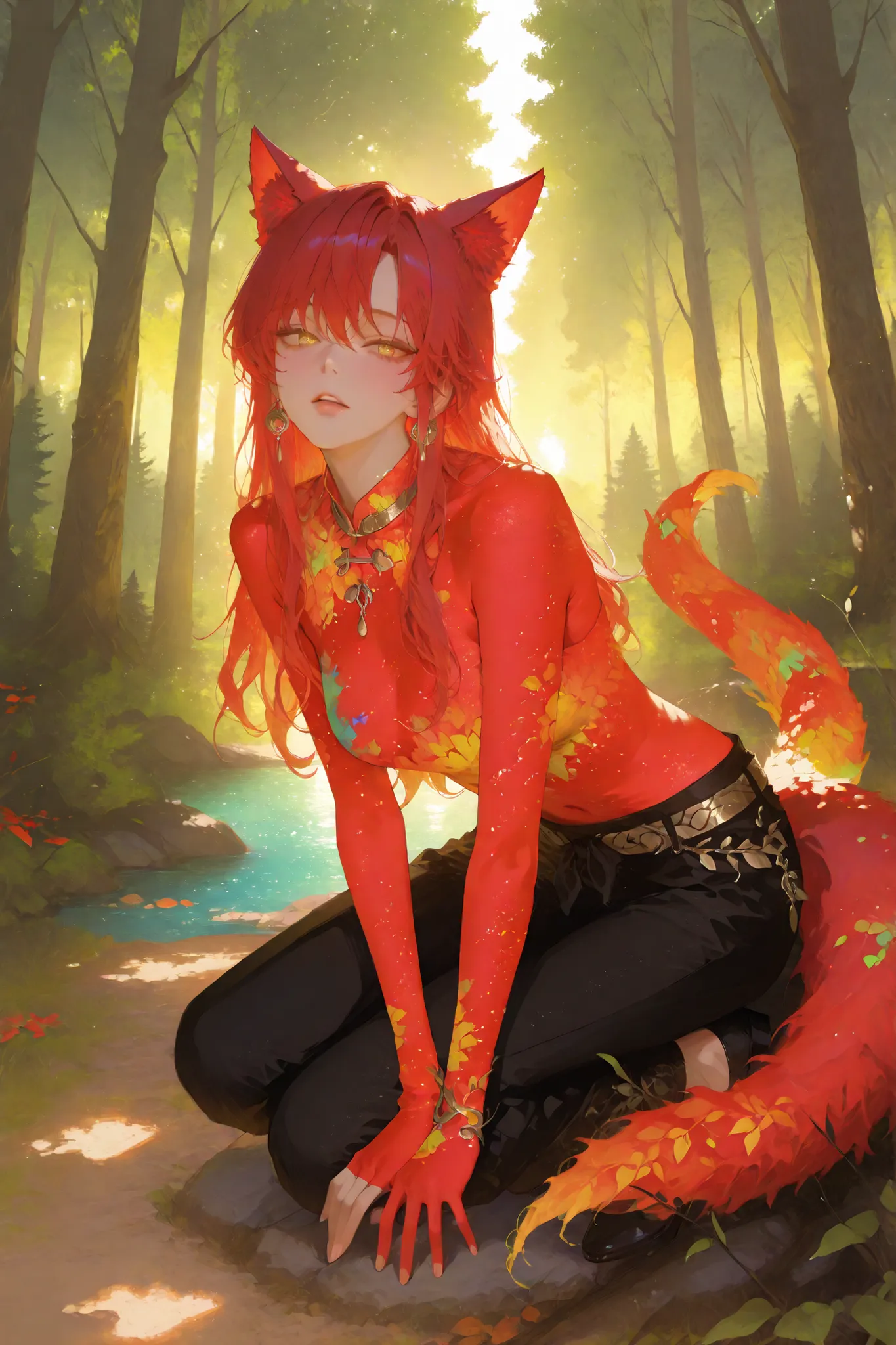 red hair, illustration of Ok Taek Yeon with yellow eyes,language,full body,Forest background,colorful,4K,high resolution on the coast,Realistic,Professional Level,Realistic , Immersive ,rich in detail,natural lighting,Realistic Material Texture,exquisite t...