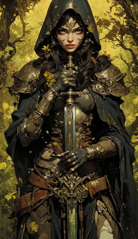 Against the background of dark green forests and twisted poisonous vines, a tall Gothic valkyrie stands in eerie immobility, embodying gloomy beauty and inexorable entropy. The frontal composition captures her from head to waist, wrapped in cinematic shado...