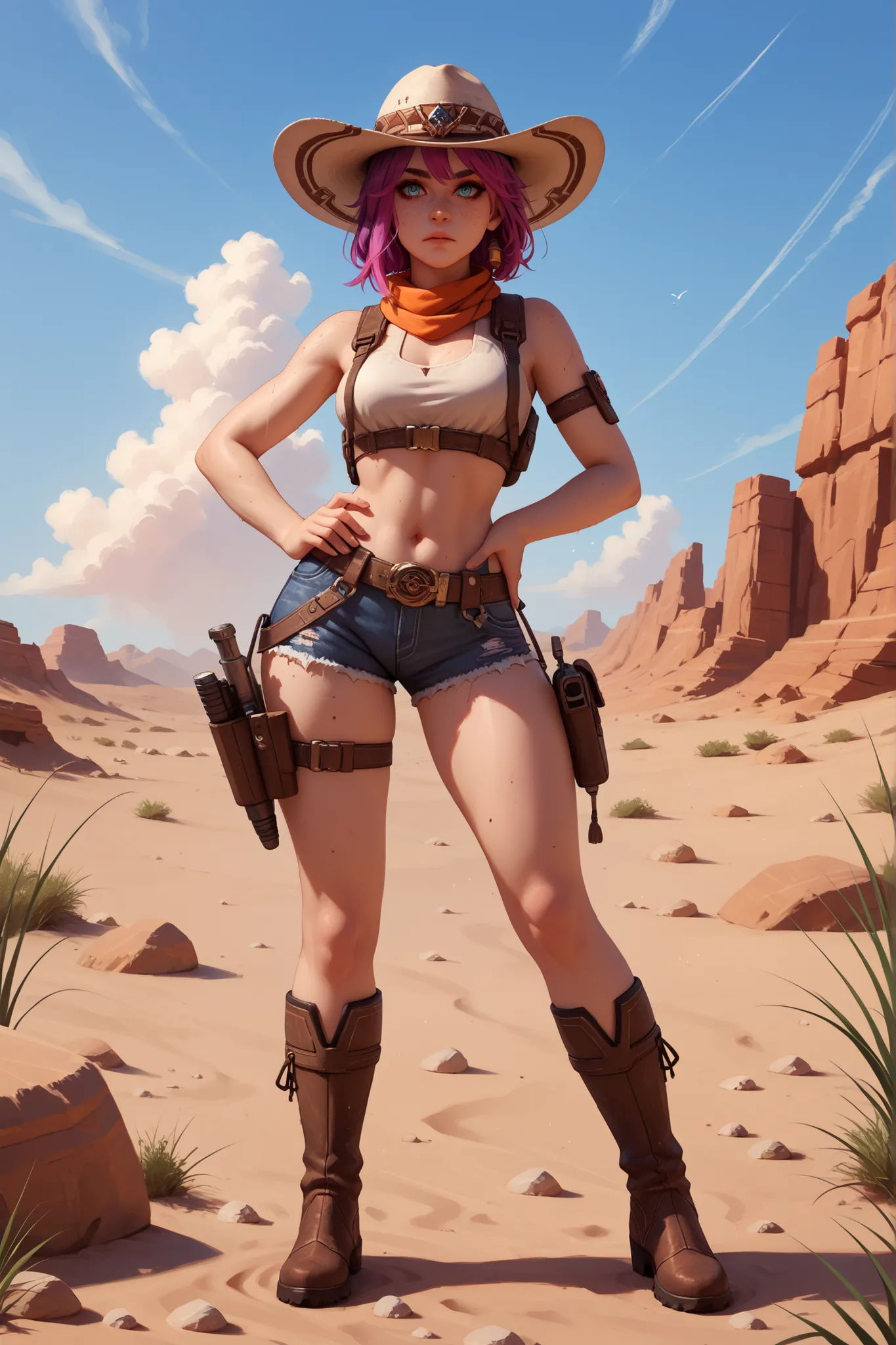 A pastel-style illustration of a confident girl in a futuristic desert. She has extremely long fiery purple hair, fluttering, and striking and intense blue eyes. Her body presents hips too wide in relation to the thin waist, with bulky and firm legs. She w...
