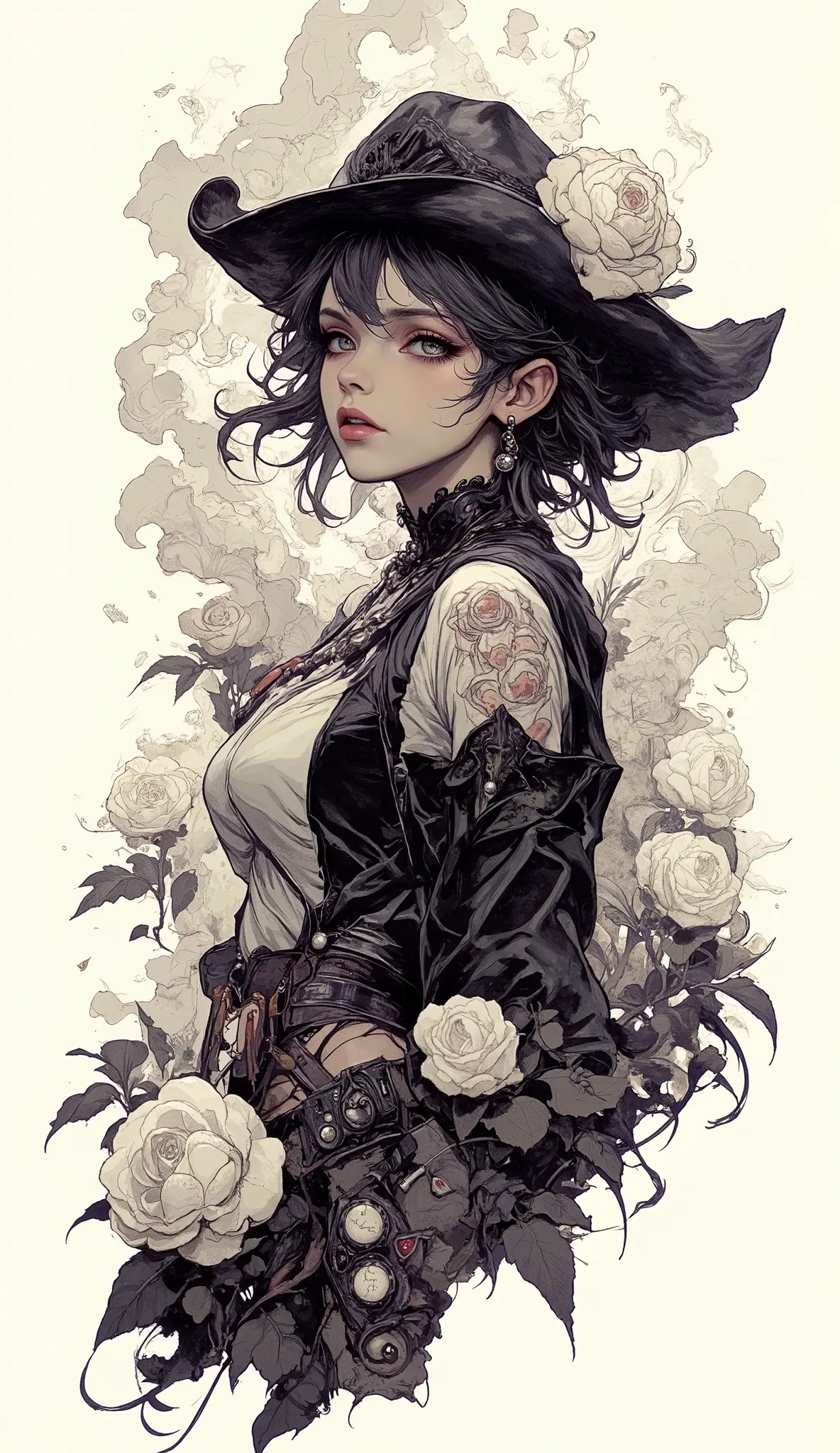 Gothic Art ,Dream,There's an amazing picture of a cowgirl running wild on horseback,Full Body,Gothic makeup,Tattoo,Black and white smoke drifts,Only the mouth is red, Lots of empty ,White Rose,Black Pearl Jewelry,Simple white background,