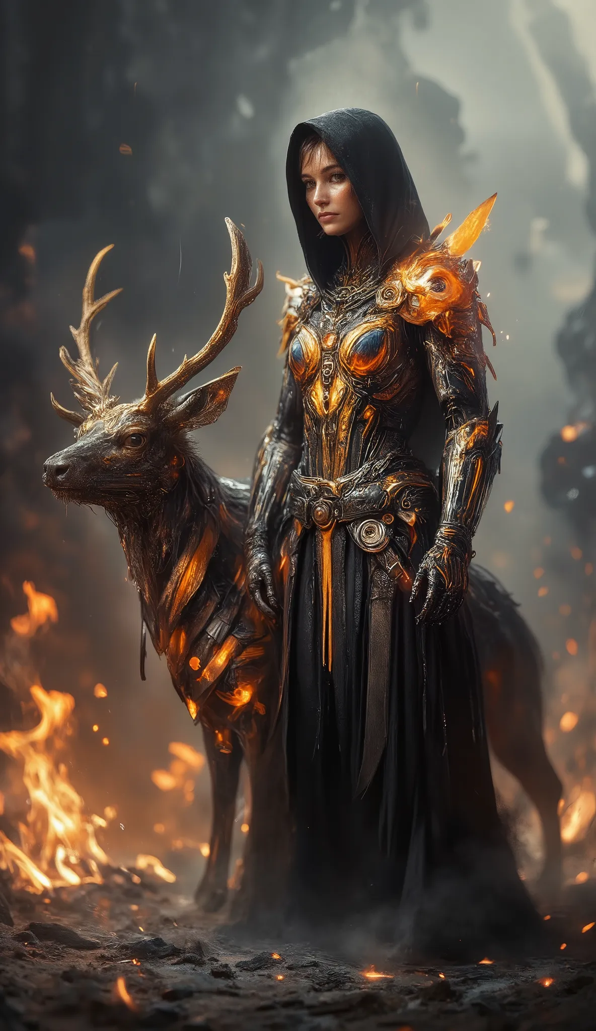 realistic style, powerful muscular female warrior in a sleek black futuristic armored suit, glowing orange energy lines, wearing a hooded cloak, face partially obscured in shadow, only hints of her features visible, intense and mysterious presence, standin...