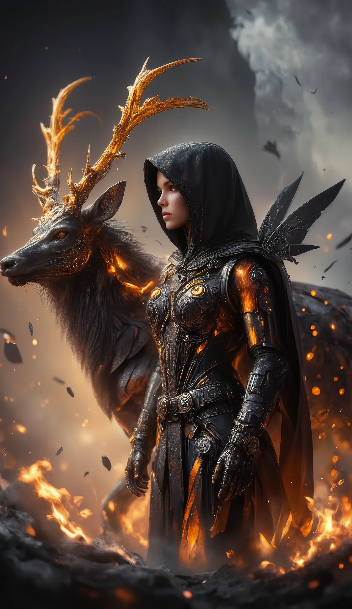 realistic style, powerful muscular female warrior in a sleek black futuristic armored suit, glowing orange energy lines, wearing a hooded cloak, face partially obscured in shadow, only hints of her features visible, intense and mysterious presence, standin...
