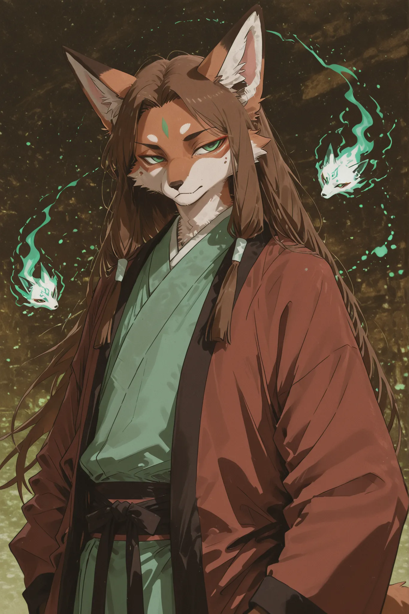 Kemono,Kemono style, male fox character with long brown fur and long brown hair, wearing traditional Chinese Hanfu green . He has green eyes and a calm, noble expression. The illustration should emphasize the elegant and mystical atmosphere, detailed fur t...