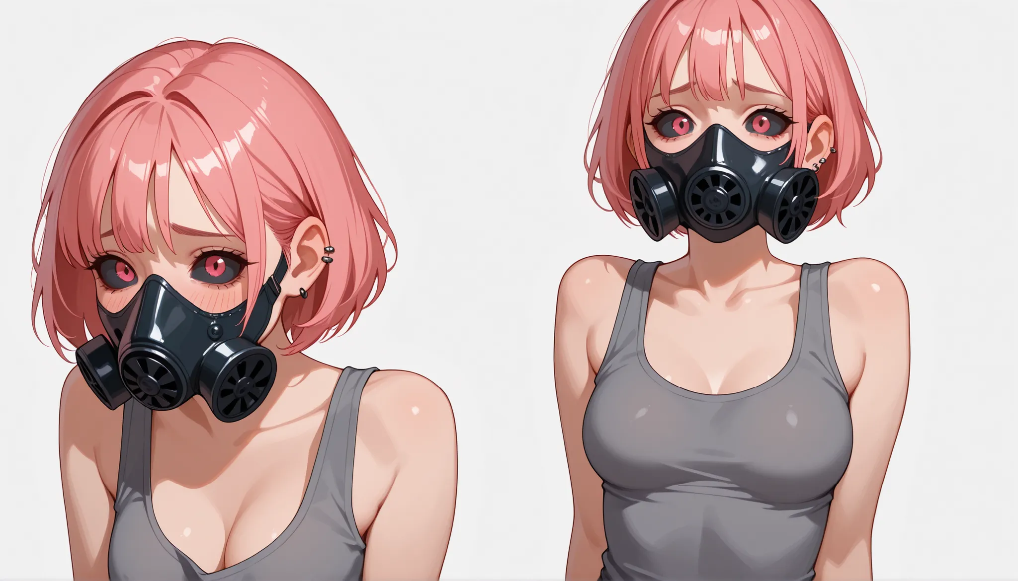  sexy,  masterpiece, best quality, amazing quality, only face, portat, realistic, slim build, high, very aesthetic, high resolution,1girl,(bony), shy, pink hair walve, cut hair,(( gas mask )), diesel punk female, undershirt+ tattered military gear,gray und...