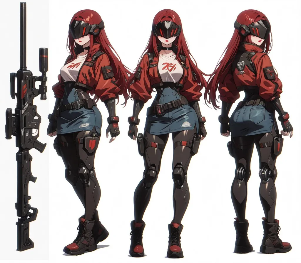 atnr,**three-sided view (full body front, full body side view , full body back view)**timeless,(covered eyes:1.2), visor (armor),Anime style illustration, flat color tone, **Original Character Design**: "Cyber Gunner." dark red long hair, White background,. Black choker.
　Anatomically correct.Guns and firearms background、Denim skirt.
A **multi-view illustration** presenting a **sexy, cybernetic cowgirl-style female android** in three distinct poses: **full body front, full body side, and full body back**. She is fully adorned in her **cyber gunner equipment**, including a **holster**. Her **long red straight hair** flows, complementing her bold **lipstick** and imposing **black visor helmet**. Her ensemble features a **blue skirt**, a **brown short-sleeved jacket** over a **white inner shirt**, sleek **fingerless gloves**, a functional **belt**, and highly detailed **black legs** with **short boots** and striking **black mechanical knee parts**. The design emphasizes a **mech sci-fi** fusion, showcasing a balance of dangerous prowess and seductive form. Each pose should subtly convey her personality while providing a clear view of her intricate design.

**Character Details:** *sexy cybernetic cowgirl-style female android, long red straight hair, bold lipstick, imposing black visor helmet, dangerous prowess, seductive form.*
**Clothing/Gear Details:** *blue skirt, brown short-sleeved jacket, white inner shirt, sleek fingerless gloves, functional belt, highly detailed black legs, short boots, striking black mechanical knee parts, cyber gunner equipment, holster.*
**Artistic Style:** *anime style, flat color tone, original character design, mech sci-fi fusion.*
**Composition:** *multi-view illustration (full body front, full body side, full body back), distinct poses, clear view of intricate design.*