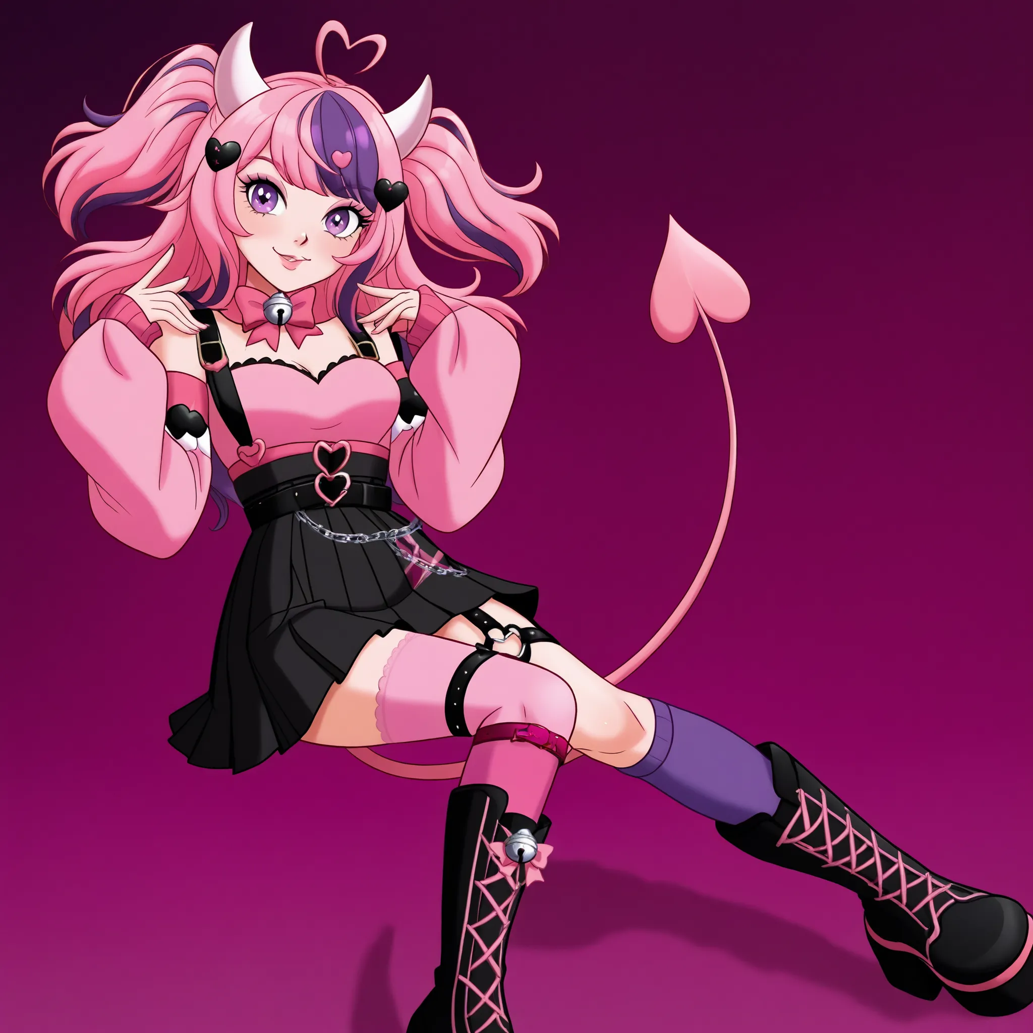 DisneyClassics,disney ironmouse, 1girl, pink hair, multicolored hair, purple hair, streaked hair, two-tone hair, heart ahoge
gjstu, horns, uneven legwear, asymmetrical legwear, mismatched legwear, purple sock, pink thighhigh, pleated skirt, high-waist skir...