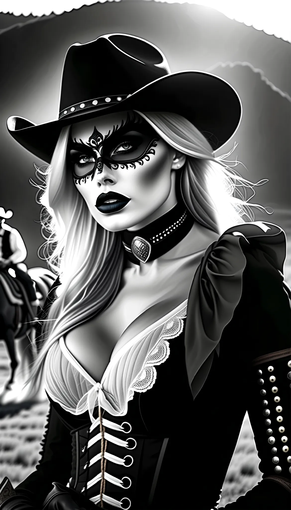 Gothic Art ，Dream， American drama 《Yellowstone》（Yellowstone），（The Dutton Family's oldest daughter Beth Dutton，（has an amazing close-up shot of a western cowgirl riding a horse），Gothic makeup，Black and white smoke drifts， mouth is red ，Sexy cowboy costume， ...
