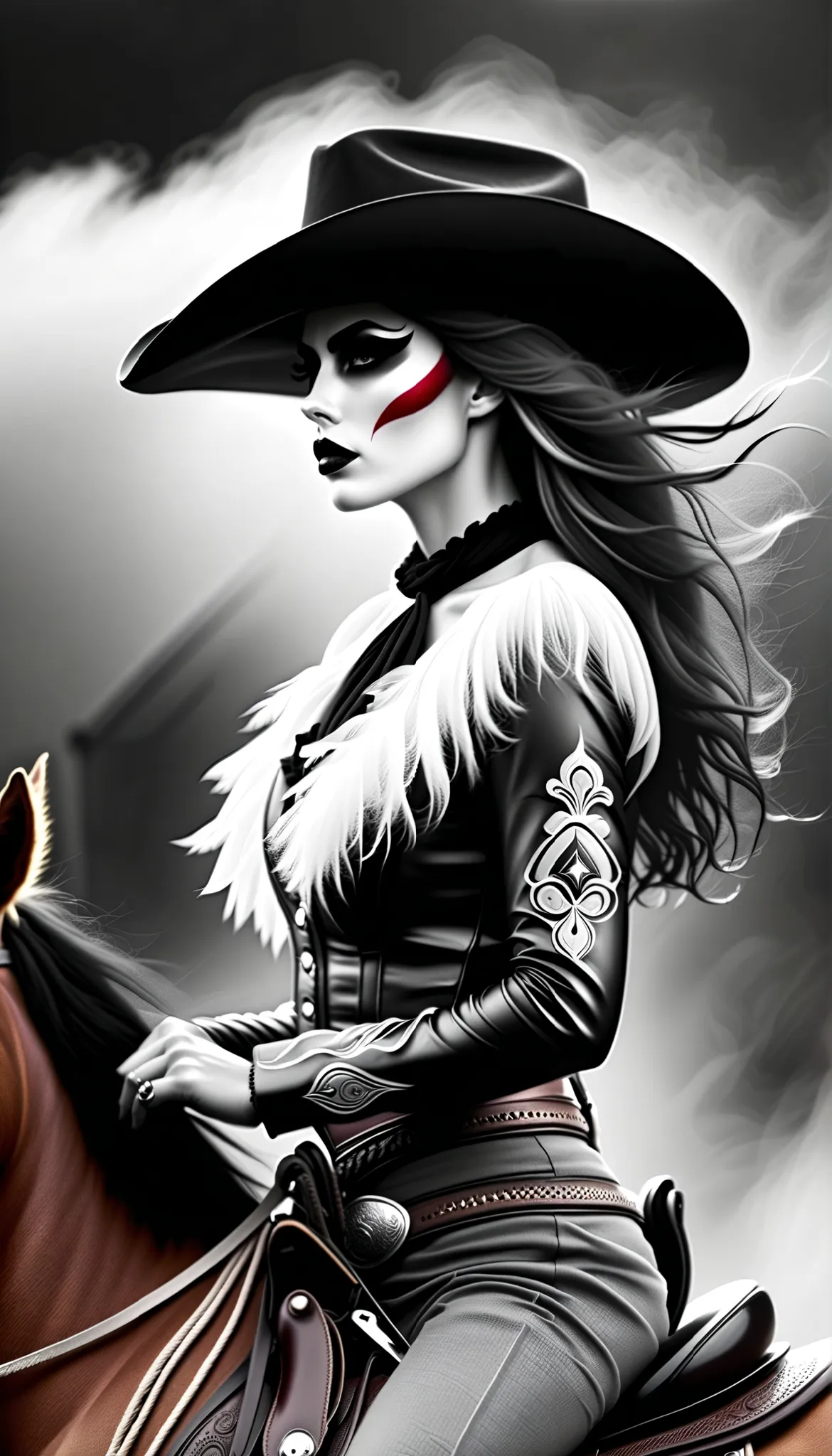 Gothic Art ，Dream， American drama 《Yellowstone》（Yellowstone），（The Dutton Family's oldest daughter Beth Dutton，（has an amazing close-up shot of a western cowgirl riding a horse），Gothic makeup，Black and white smoke drifts， mouth is red ，Sexy cowboy costume， ...