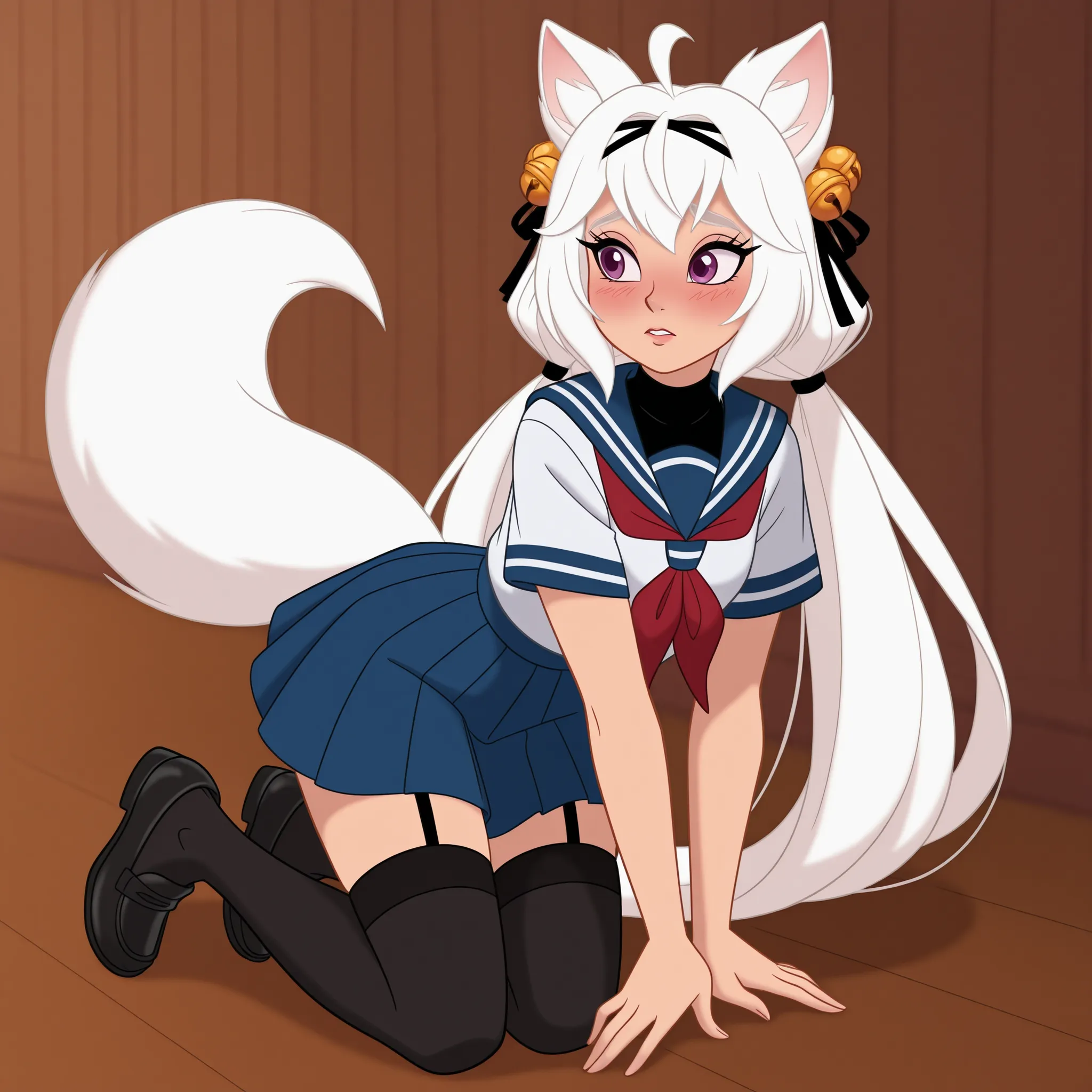 DisneyClassics,disney filian, 1girl, solo, fox girl, purple eyes, blush, white hair, very long hair, long hair, twintails, animal ears, fox ears, tail, fox tail, school uniform, serafuku, sailor collar, skirt, pleated skirt, blue skirt, shirt, white shirt,...