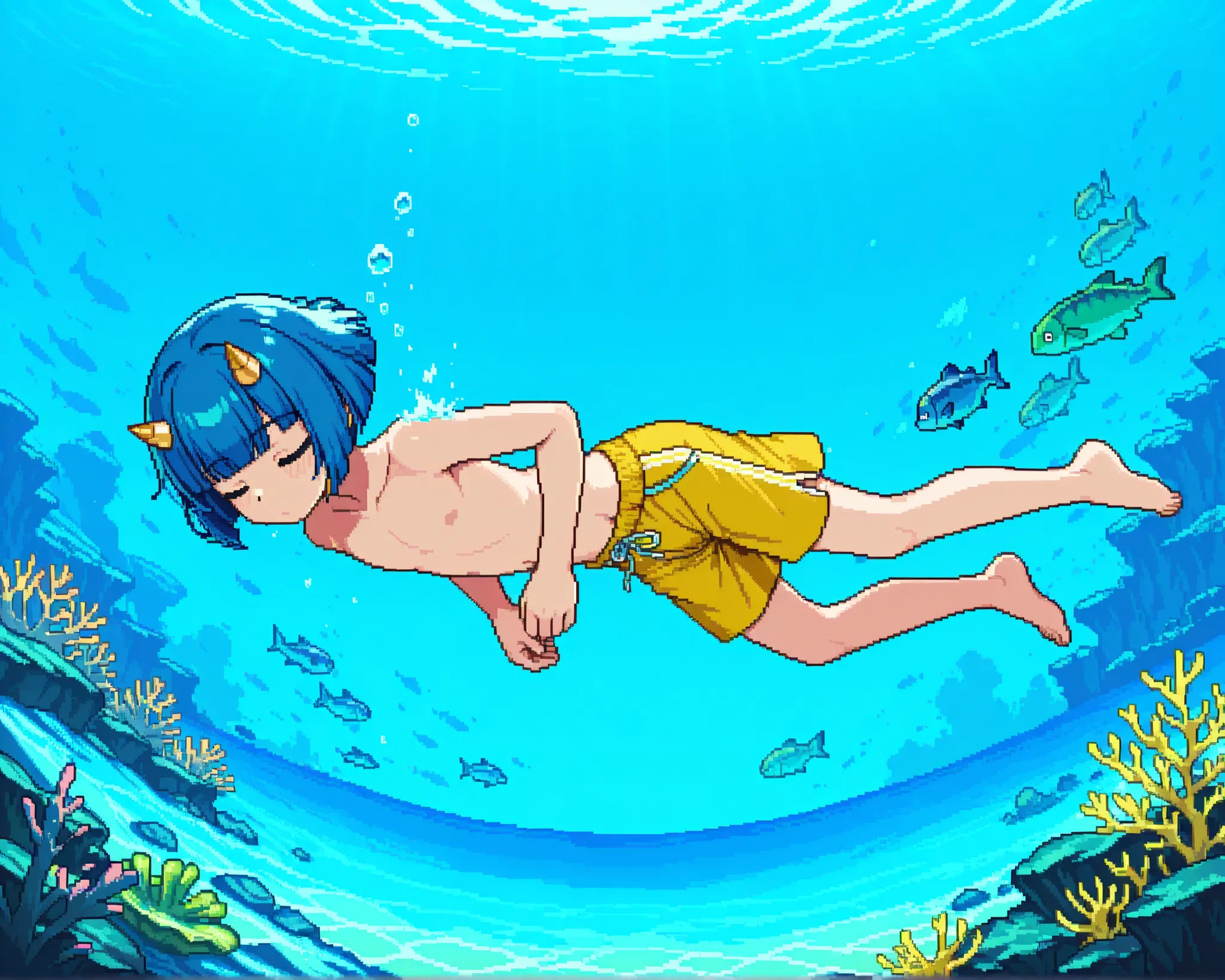 score_9, score_8_up, score_7_up, source_anime, 1boy, solo, pixel art, playingcard, elite rank icon, E, trading card, card_(medium), RPG stats, shy boy, young boy BREAK
Blue hair, shortb hair, bob_cut, blunt bangs, closed eyes, small horns, yellow horns B...