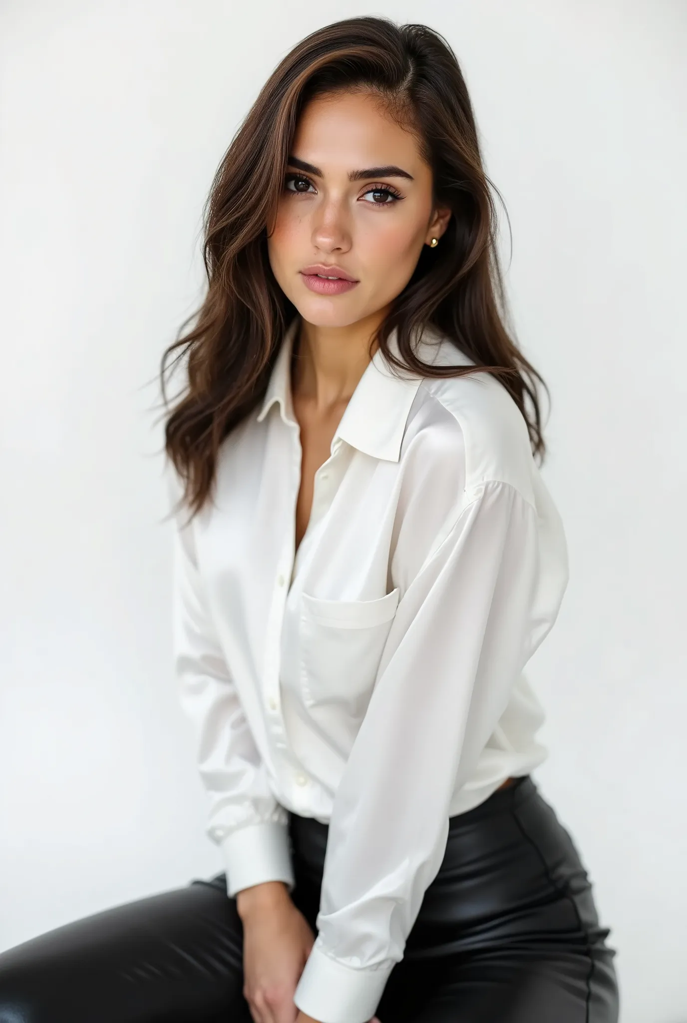 Ana Sofia Fehn, American model with a shiny white satin button down shirt, black leather pants, white studio background