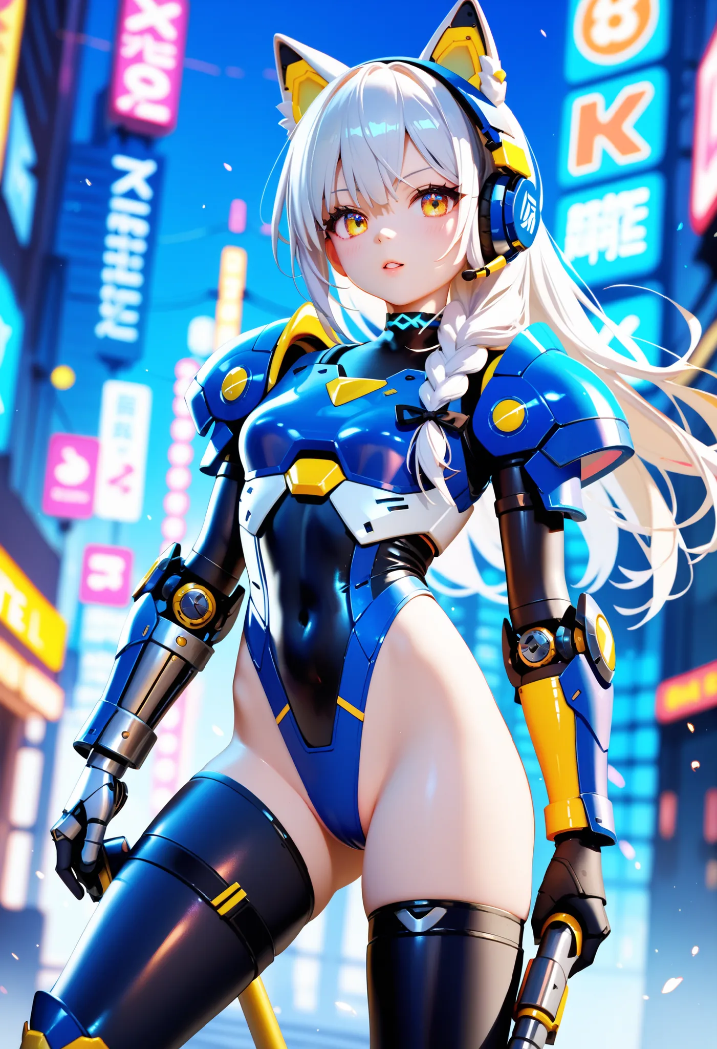 Highest Quality, Detailed depiction of the eyes, one female, youth, slender body, foxy , grayish white hair , long hair, one side braid grated , Big cat eyes, chrome yellow color eyes, cyber punk, iron blue mechanical arm guards , iron blue mechanical leg ...