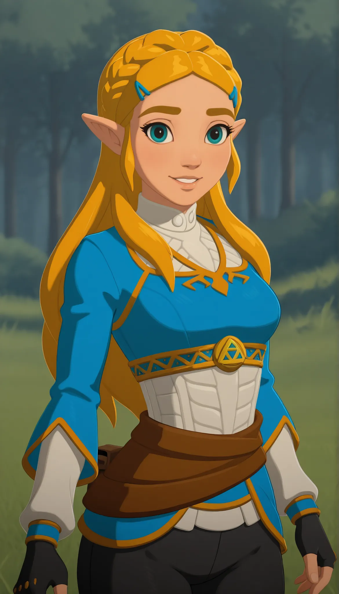 DisneyClassics disney absurdres, masterpiece, best quality, very aesthetic, 1girl, solo,
 ChopioZelda, blonde hair, aqua eyes, pointy ears, looking at viewer,
long hair, crown braid, sidelocks, parted bangs, hairclip, medium breasts,
outfit_1, blue crop to...