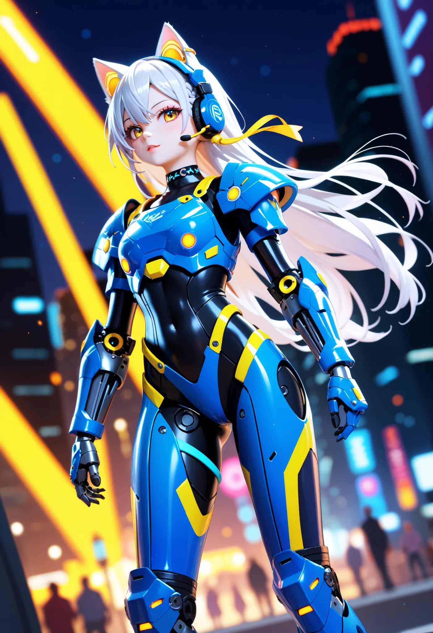 Highest Quality, Detailed depiction of the eyes, one female, youth, slender body, foxy , grayish white hair , long hair, one side braid grated , Big cat eyes, chrome yellow color eyes, cyber punk, iron blue mechanical arm guards , iron blue mechanical leg ...