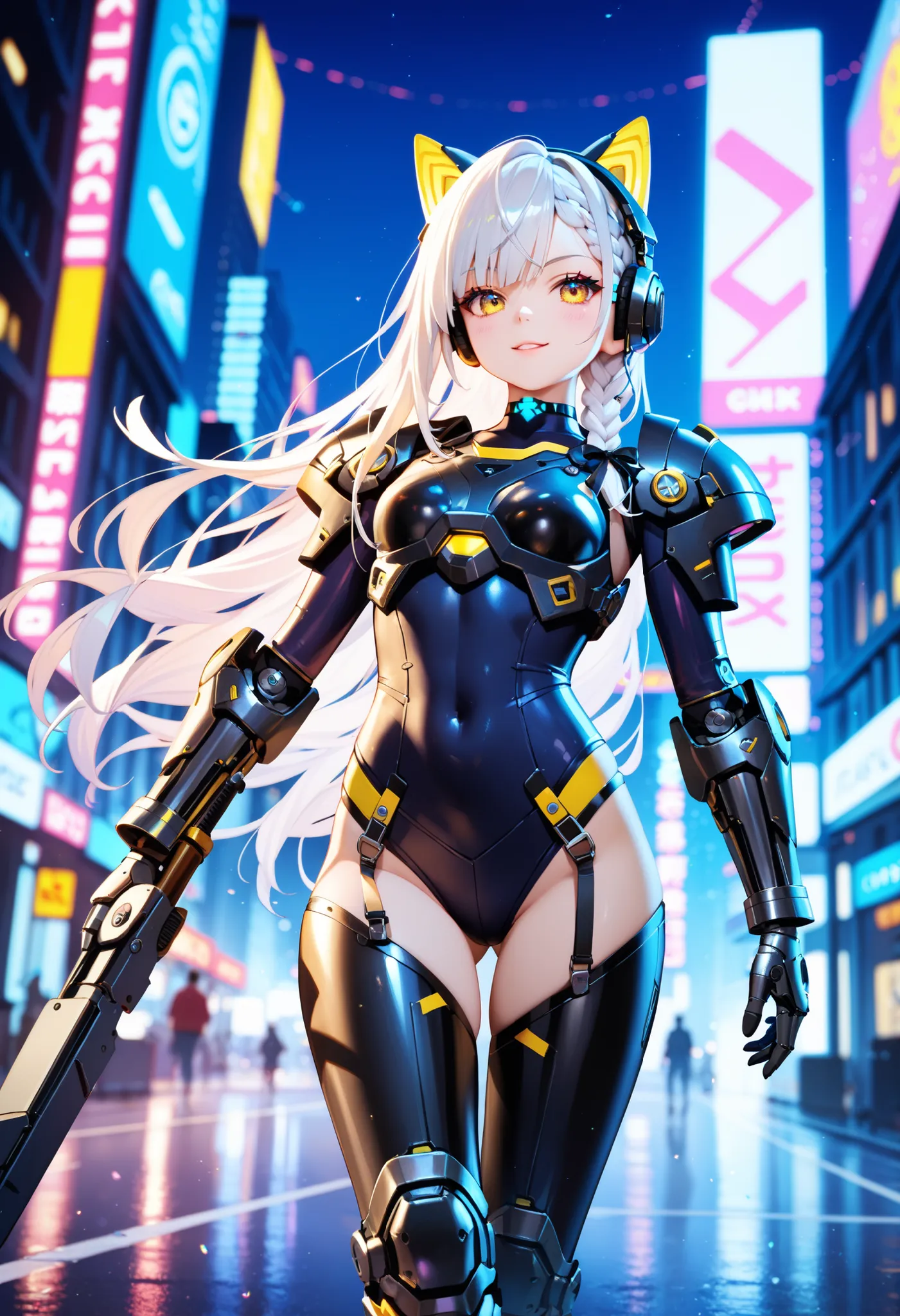 Highest Quality, Detailed depiction of the eyes, one female, youth, slender body, foxy , grayish white hair , long hair, one side braid grated , Big cat eyes, chrome yellow color eyes, cyber punk, iron blue mechanical arm guards , iron blue mechanical leg ...