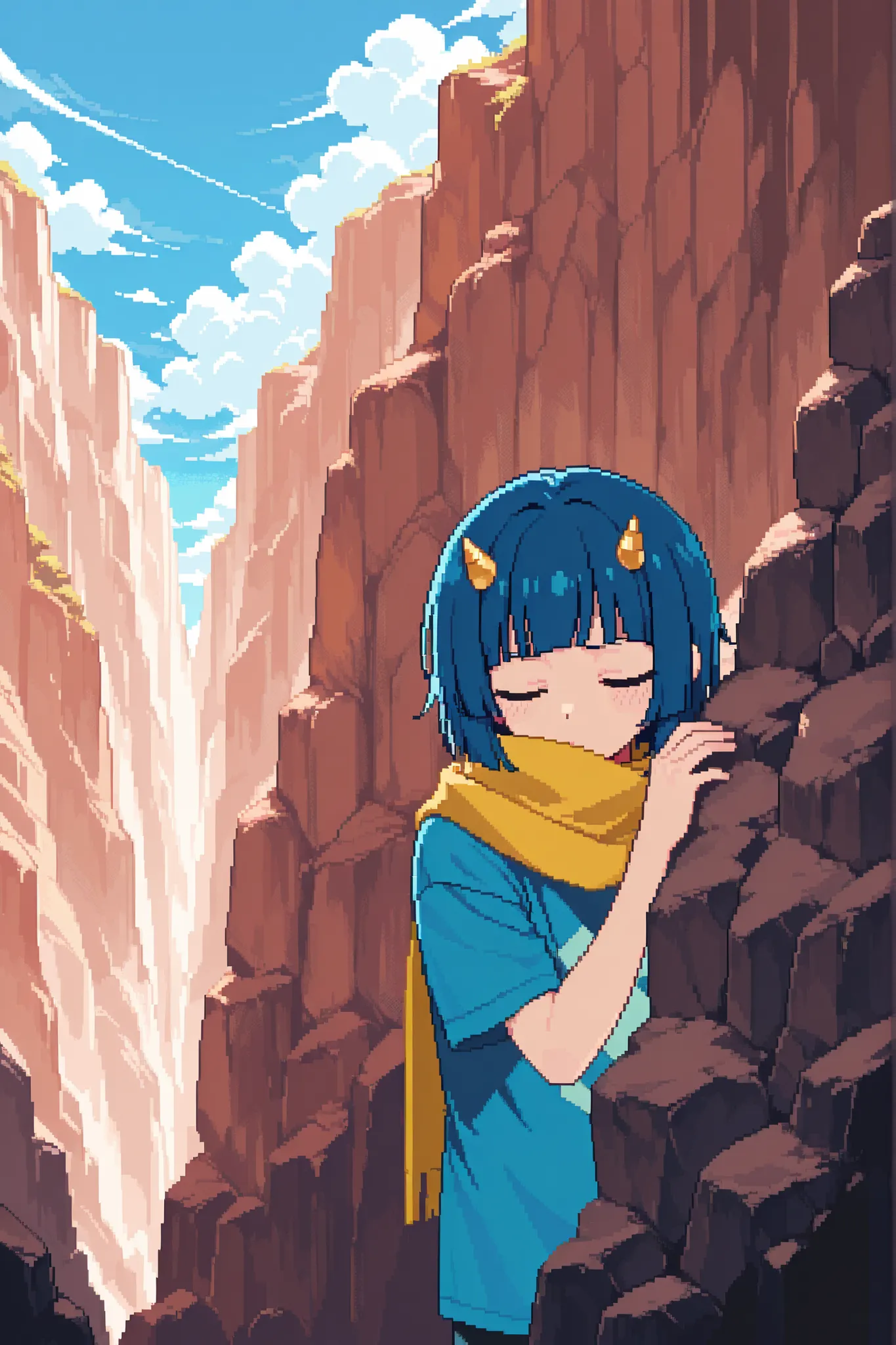 score_9, score_8_up, score_7_up, source_anime, 1boy, solo, pixel art, shy boy, young boy BREAK
Blue hair, shortb hair, bob_cut, blunt bangs, closed eyes BREAK
large scarf, yellow scarf, yellow horns, small horns, blue shirt, short sleeves, covered mout...