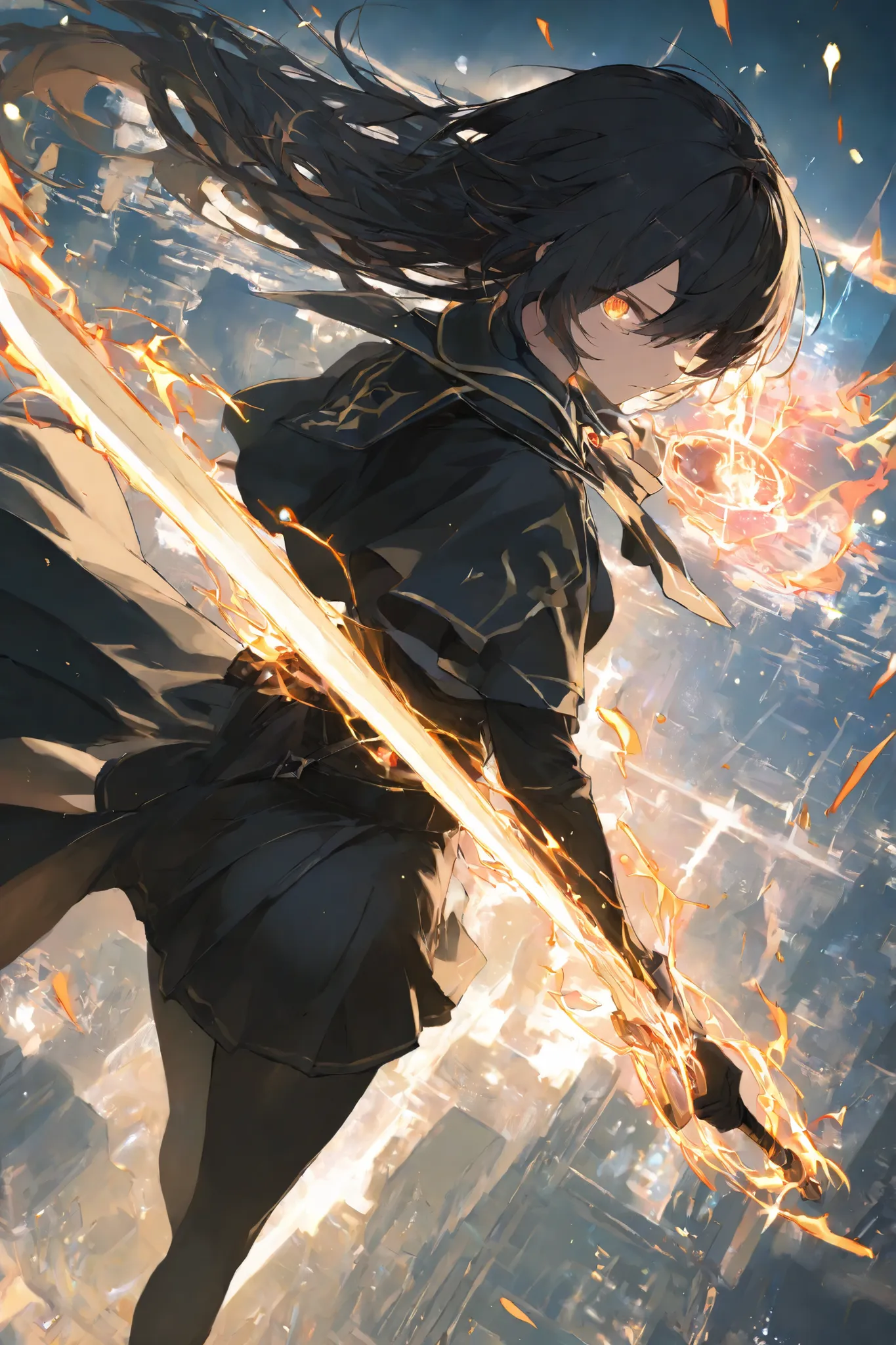 masterpiece, best quality,1 girl ,best quality,heroic pose,dynamic angle,dynamic background,with epic light effect, high angle shot,like CCTV footage, outward flow of magic or particles, face clearly visible, character illuminated from within,sword magic,
